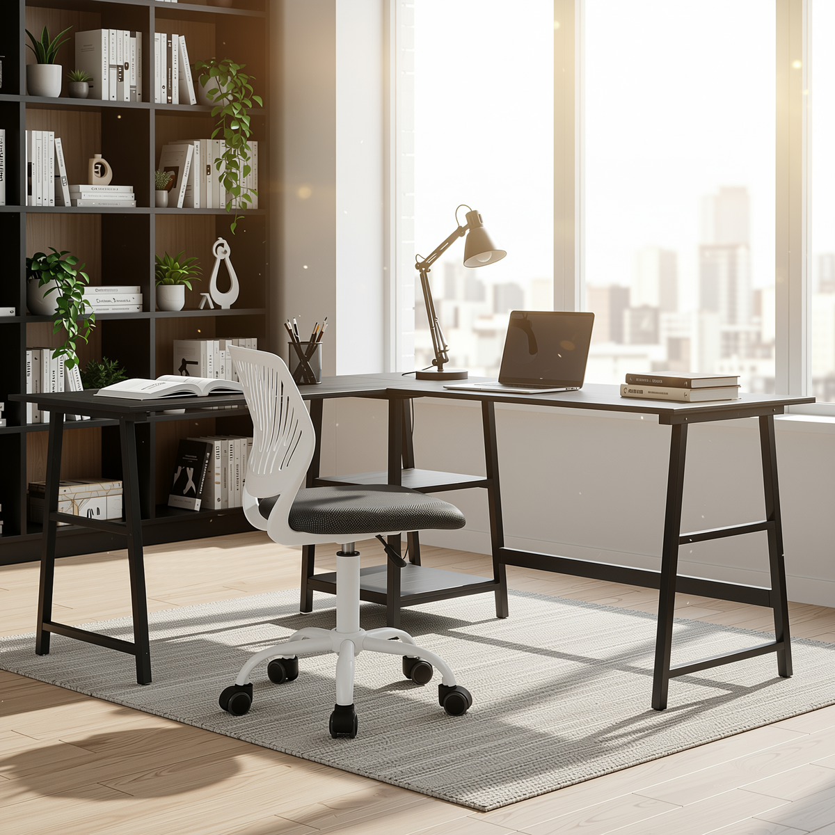 Homy Casa DROGBA+CARNATION 2PC Office Furniture Set – Black Corner Computer Desk & Grey Office Chair Open Box