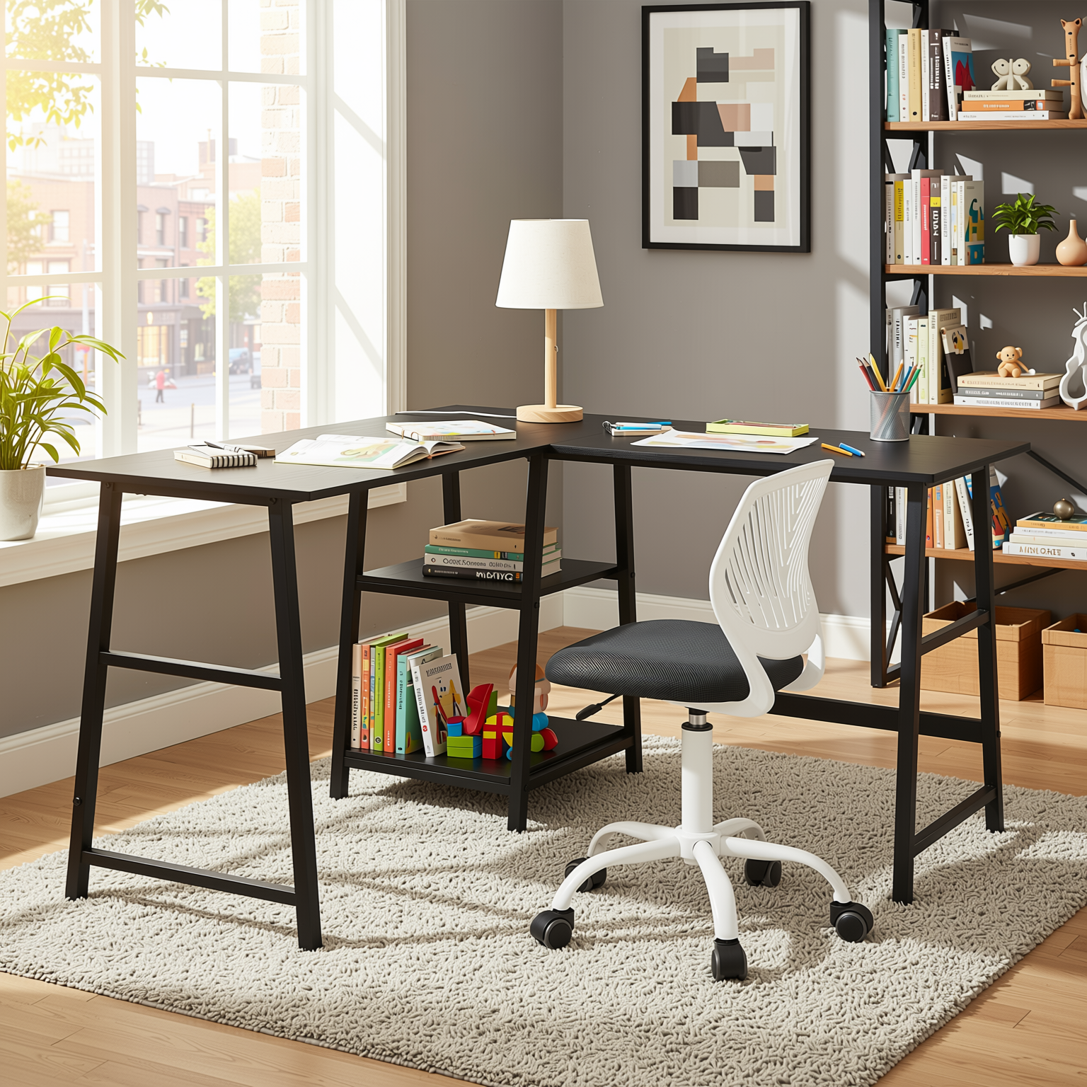 Homy Casa DROGBA+CARNATION 2PC Office Furniture Set – Black Corner Computer Desk & Grey Office Chair Open Box