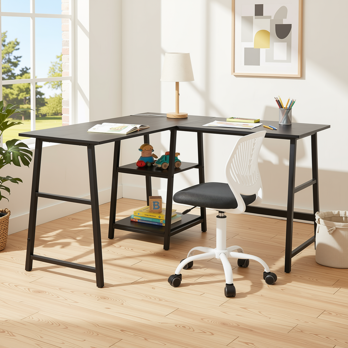 Homy Casa DROGBA+CARNATION 2PC Office Furniture Set – Black Corner Computer Desk & Grey Office Chair Open Box