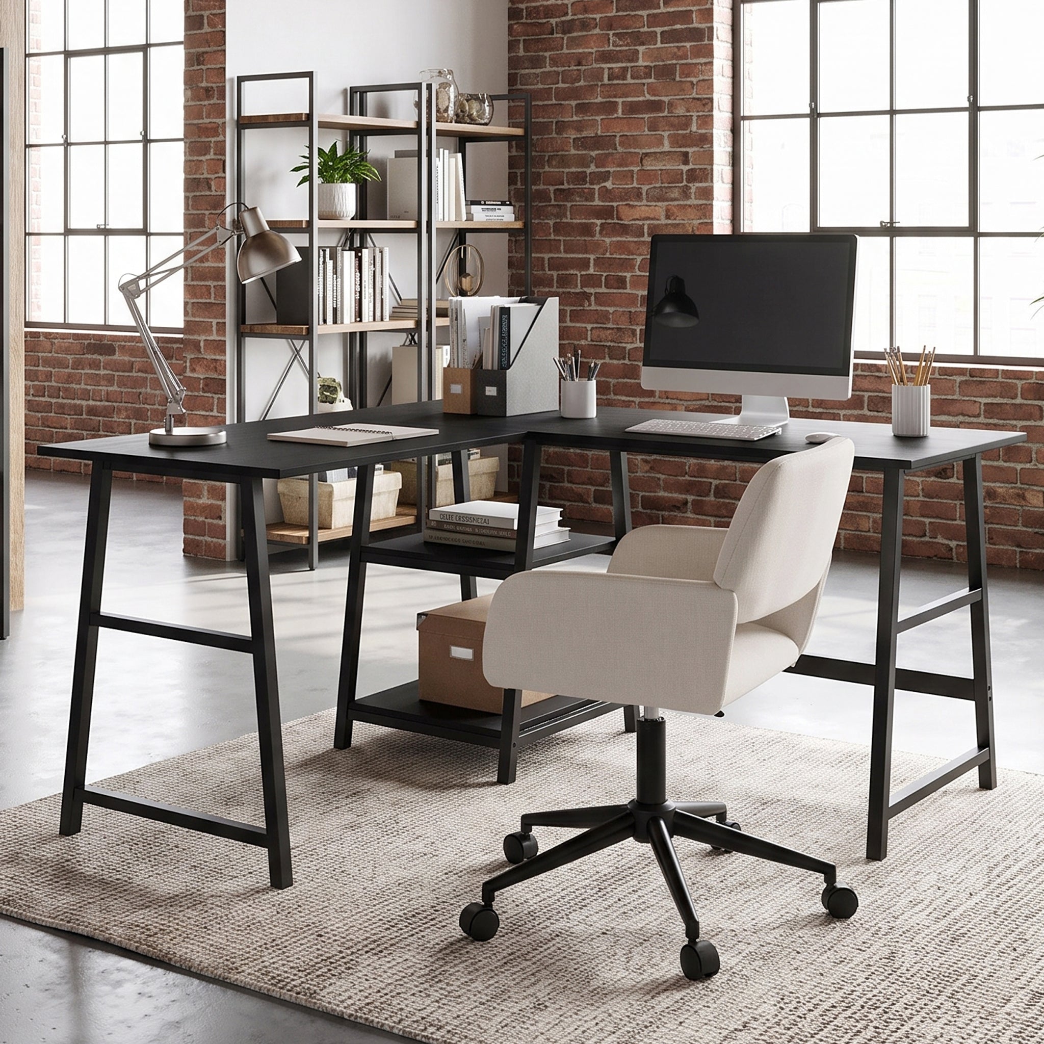 Homy Casa DROGBA+ROSS 2PC Office Furniture Set with Black Corner Desk and Chenille Beige Office Chair Open Box