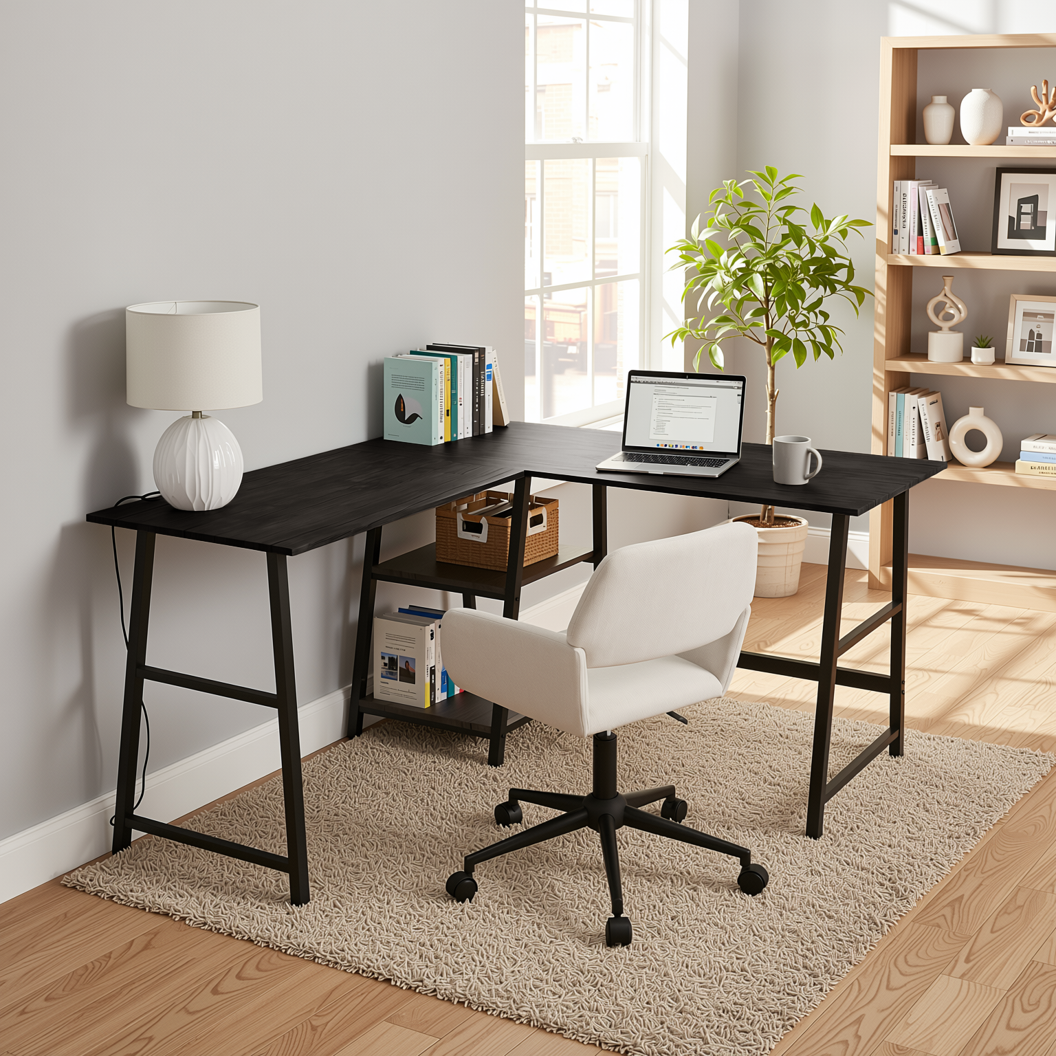 Homy Casa DROGBA+ROSS 2PC Office Furniture Set with Black Corner Desk and Chenille Beige Office Chair Open Box