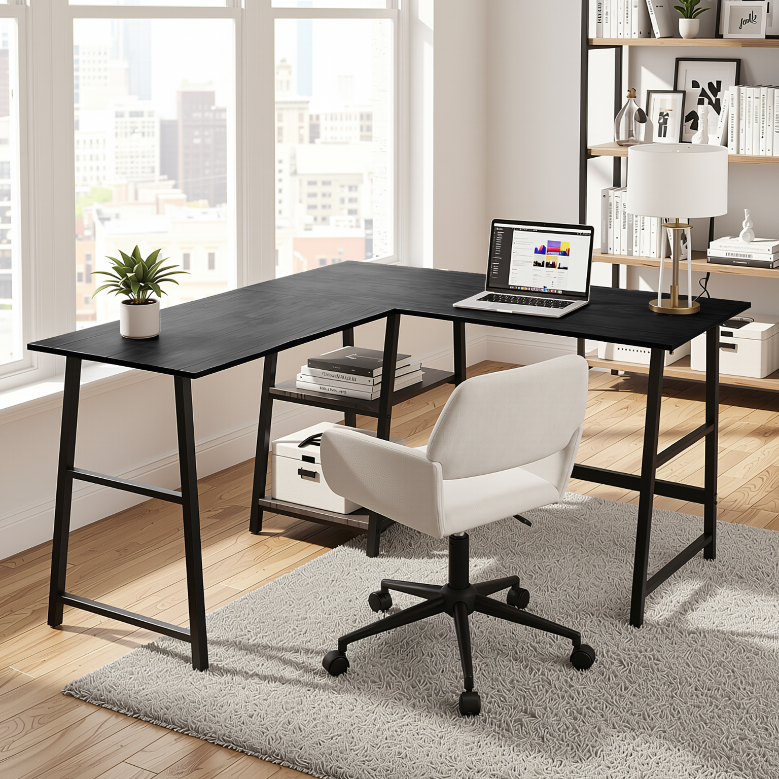 Homy Casa DROGBA+ROSS 2PC Office Furniture Set with Black Corner Desk and Chenille Beige Office Chair Open Box