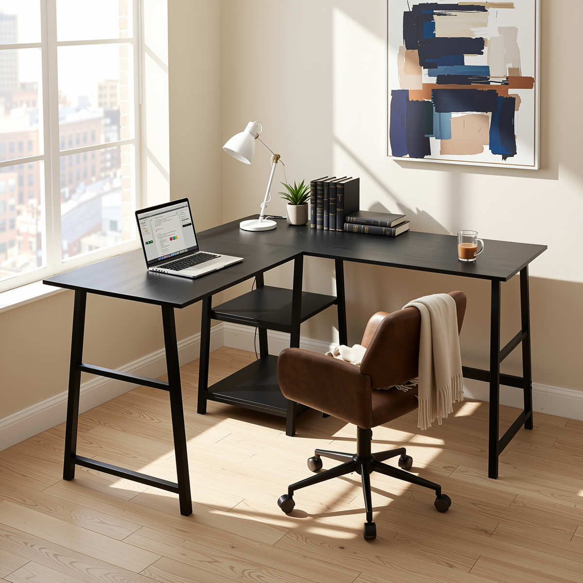 Homy Casa DROGBA+ROSS 2PC Office Furniture Set Corner Computer Desk & Suede Office Chair in Black and Brown Open Box