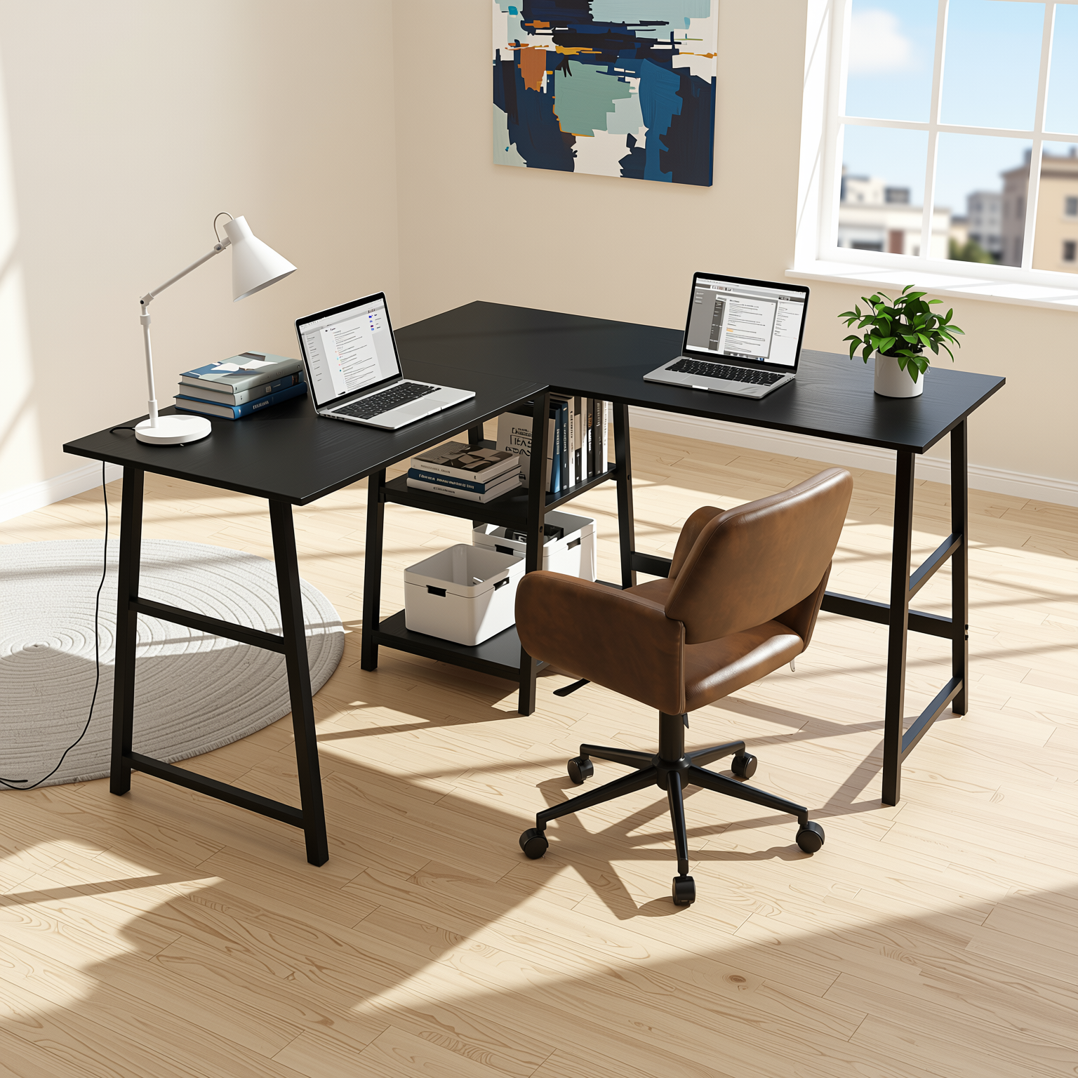 Homy Casa DROGBA+ROSS 2PC Office Furniture Set Corner Computer Desk & Suede Office Chair in Black and Brown Open Box