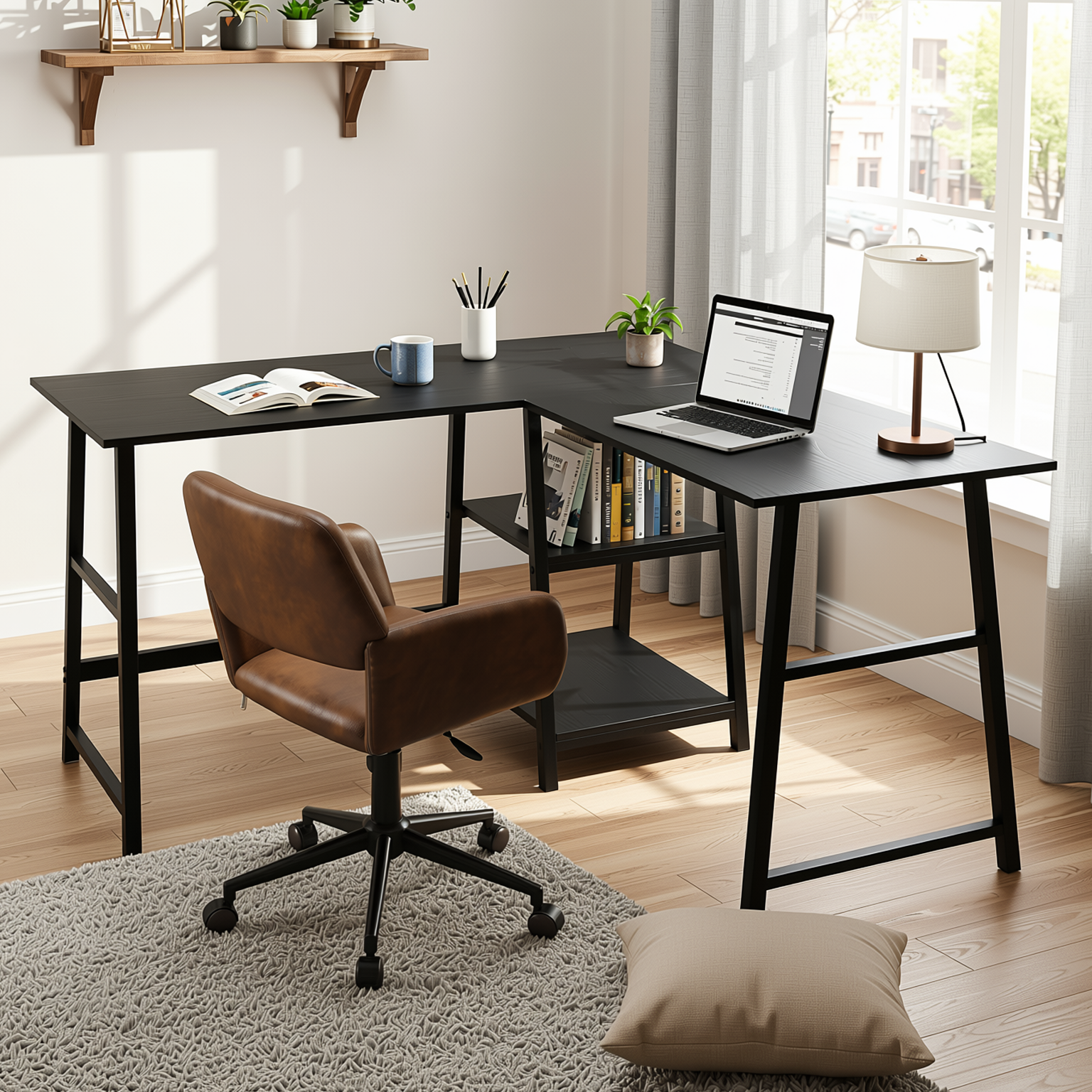 Homy Casa DROGBA+ROSS 2PC Office Furniture Set Corner Computer Desk & Suede Office Chair in Black and Brown Open Box