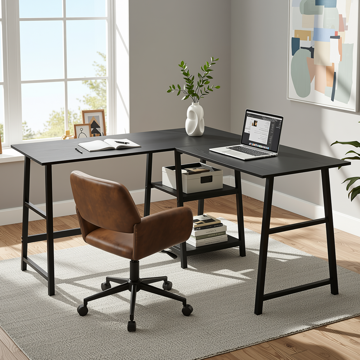 Homy Casa DROGBA+ROSS 2PC Office Furniture Set Corner Computer Desk & Suede Office Chair in Black and Brown Open Box