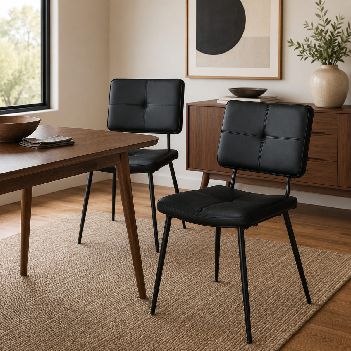 KOM Modern PU Dining Chairs with Black Metal Legs Set of 2