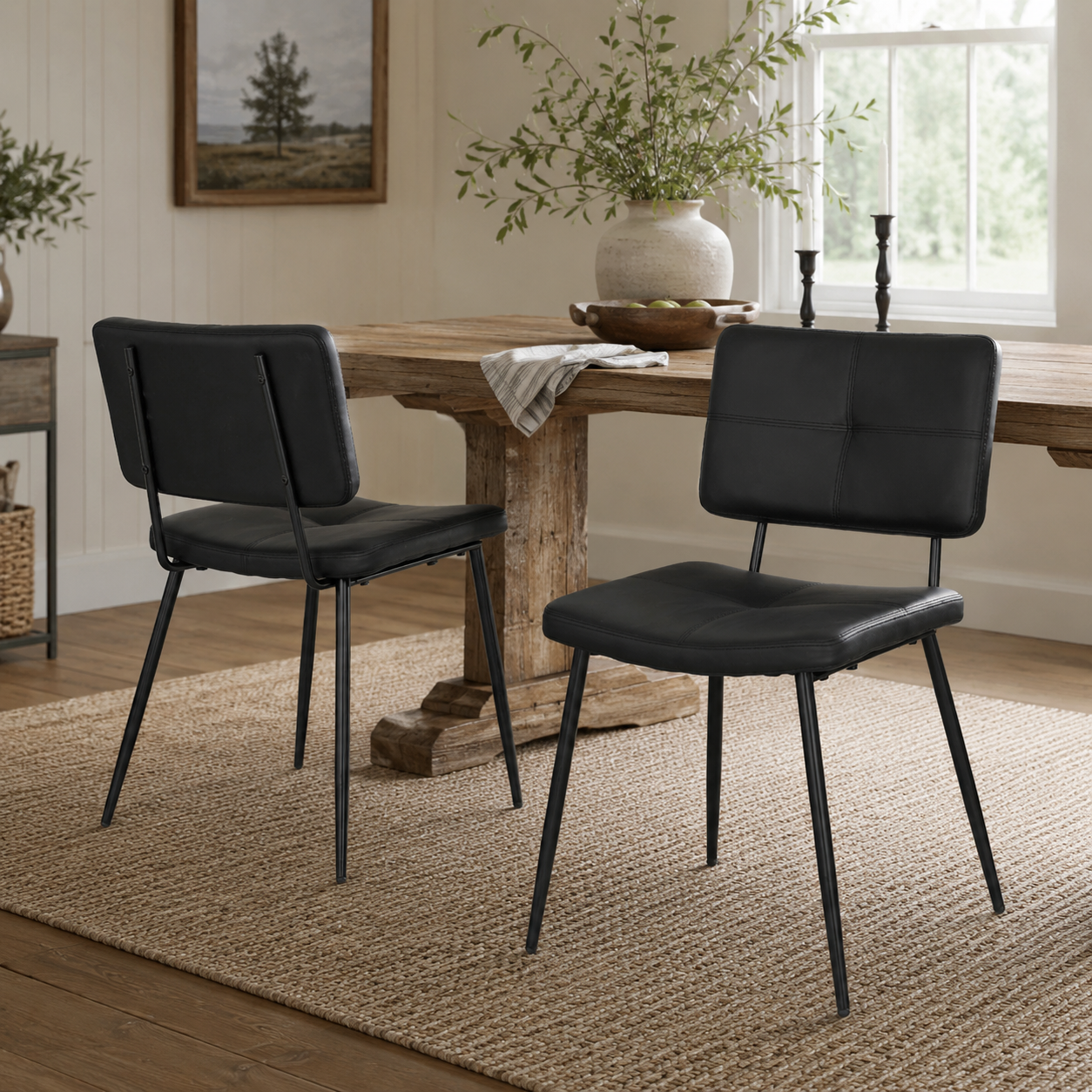 KOM Modern PU Dining Chairs with Black Metal Legs Set of 2