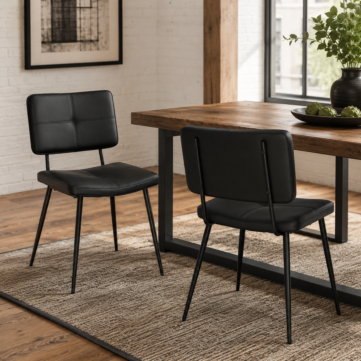 KOM Modern PU Dining Chairs with Black Metal Legs Set of 2