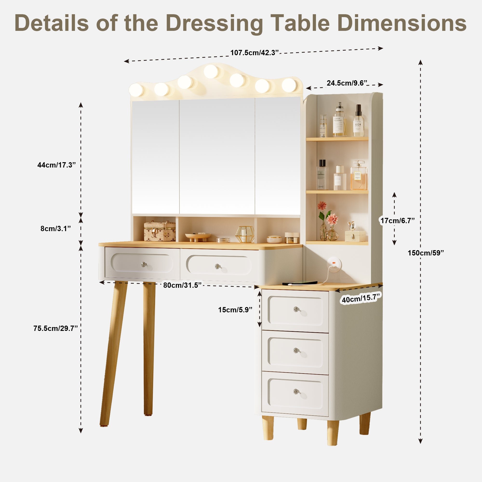 Grace 42" Makeup Vanity Desk Set with Hollywood Lighted Mirror