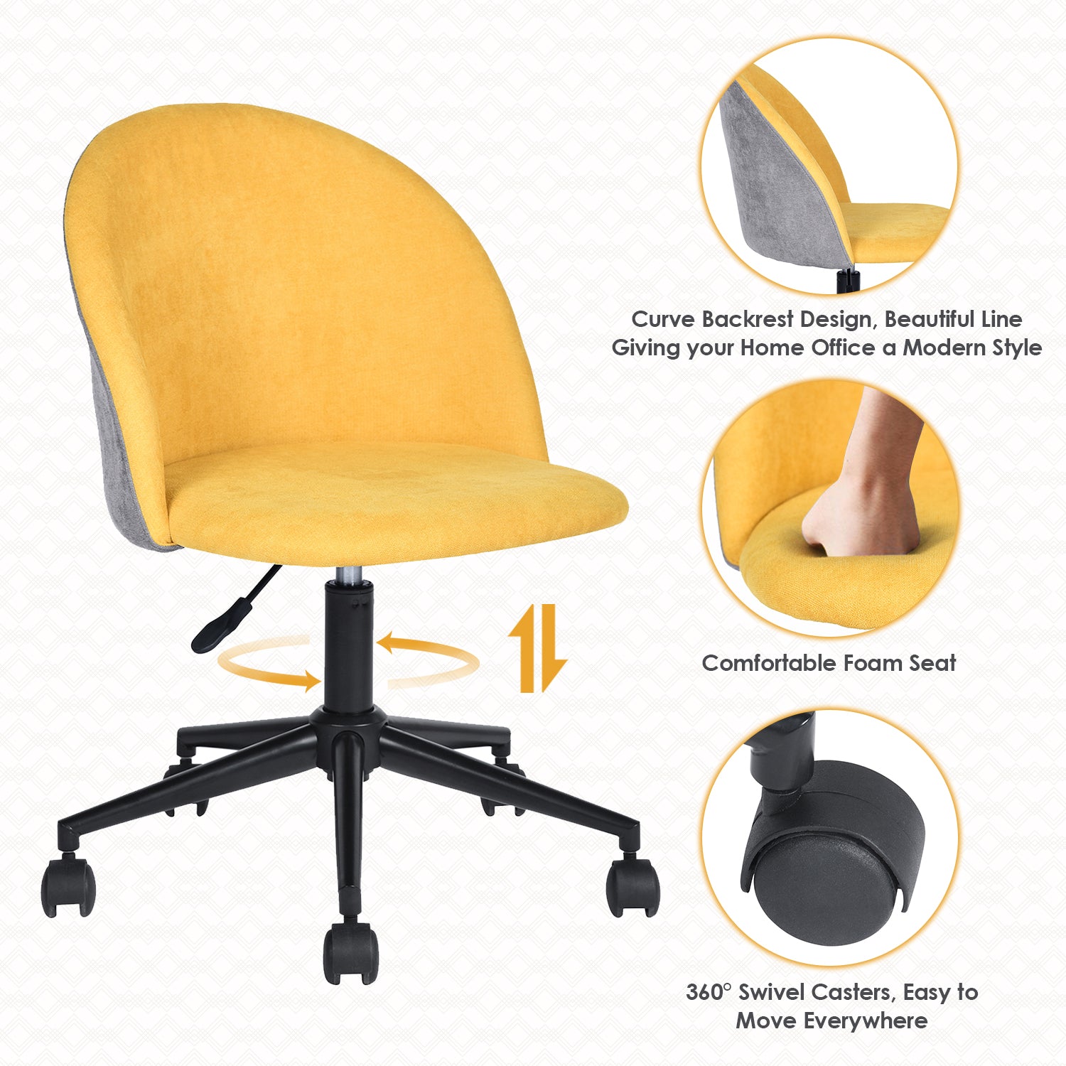 Homy Casa DUDLEY Ergonomic Office Chair with Adjustable Height and Casters, Yellow & Grey, Open Box