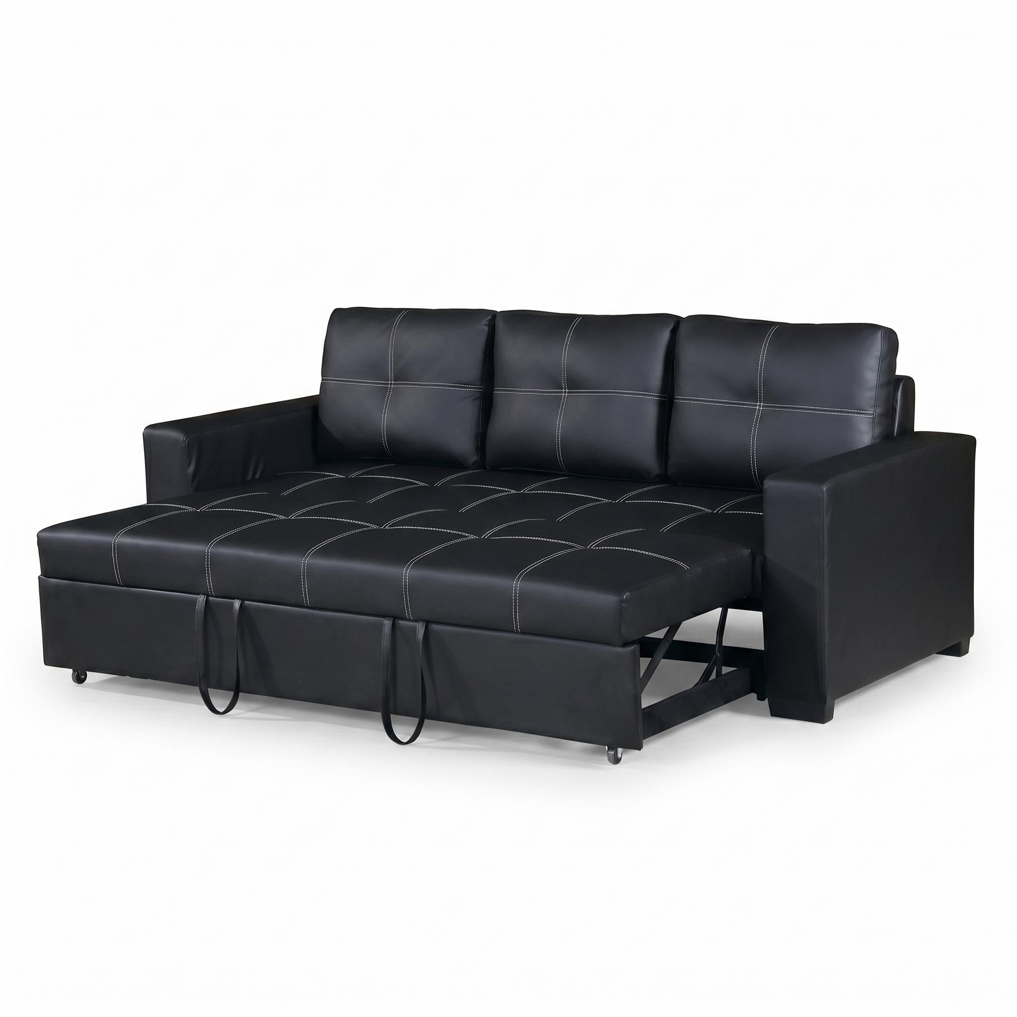 Dalton 85" Leather Look Pull-Out Sleeper Sofa with Tufted Cushions and Pocket Coil Support