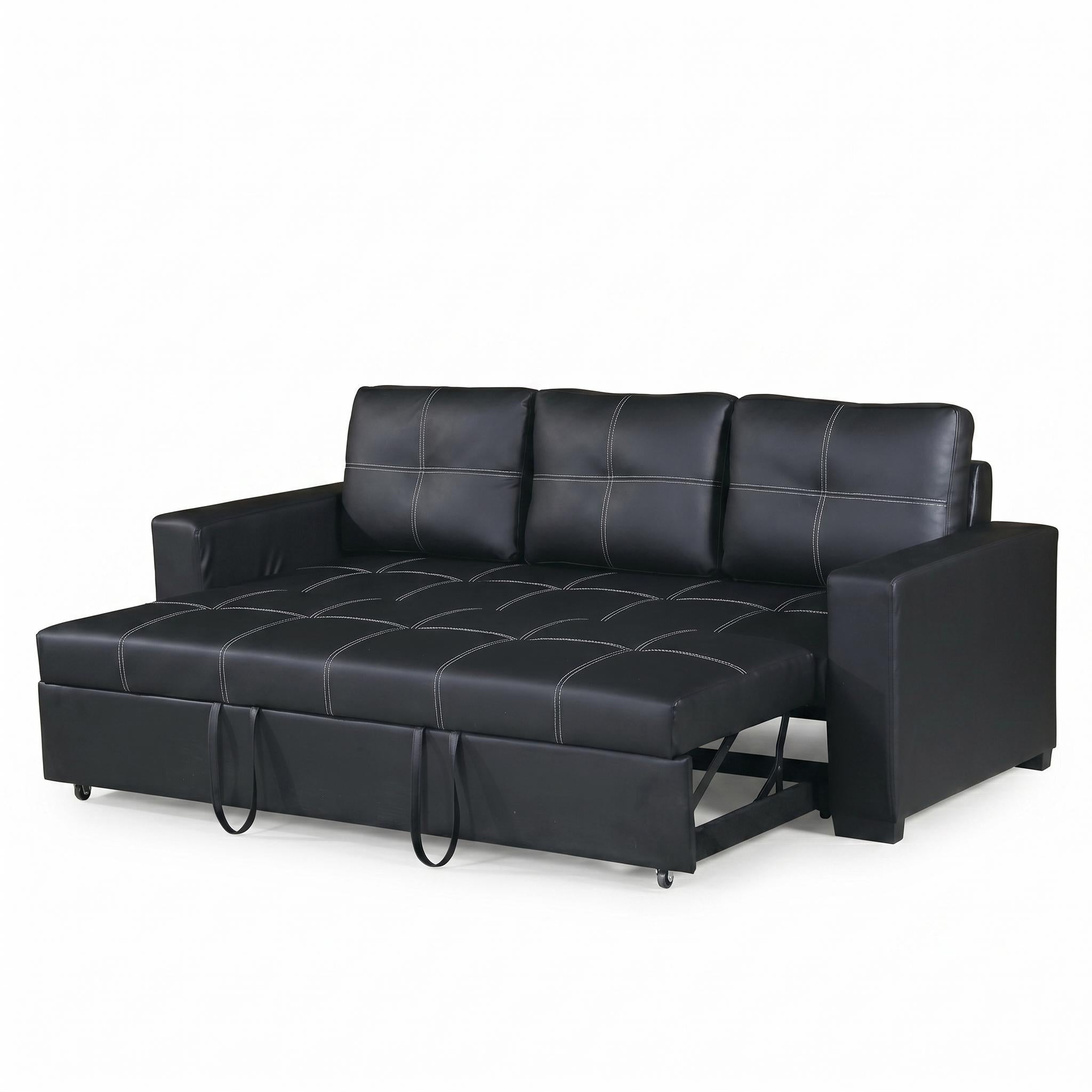 Dalton 85" Leather Look Pull-Out Sleeper Sofa with Tufted Cushions and Pocket Coil Support