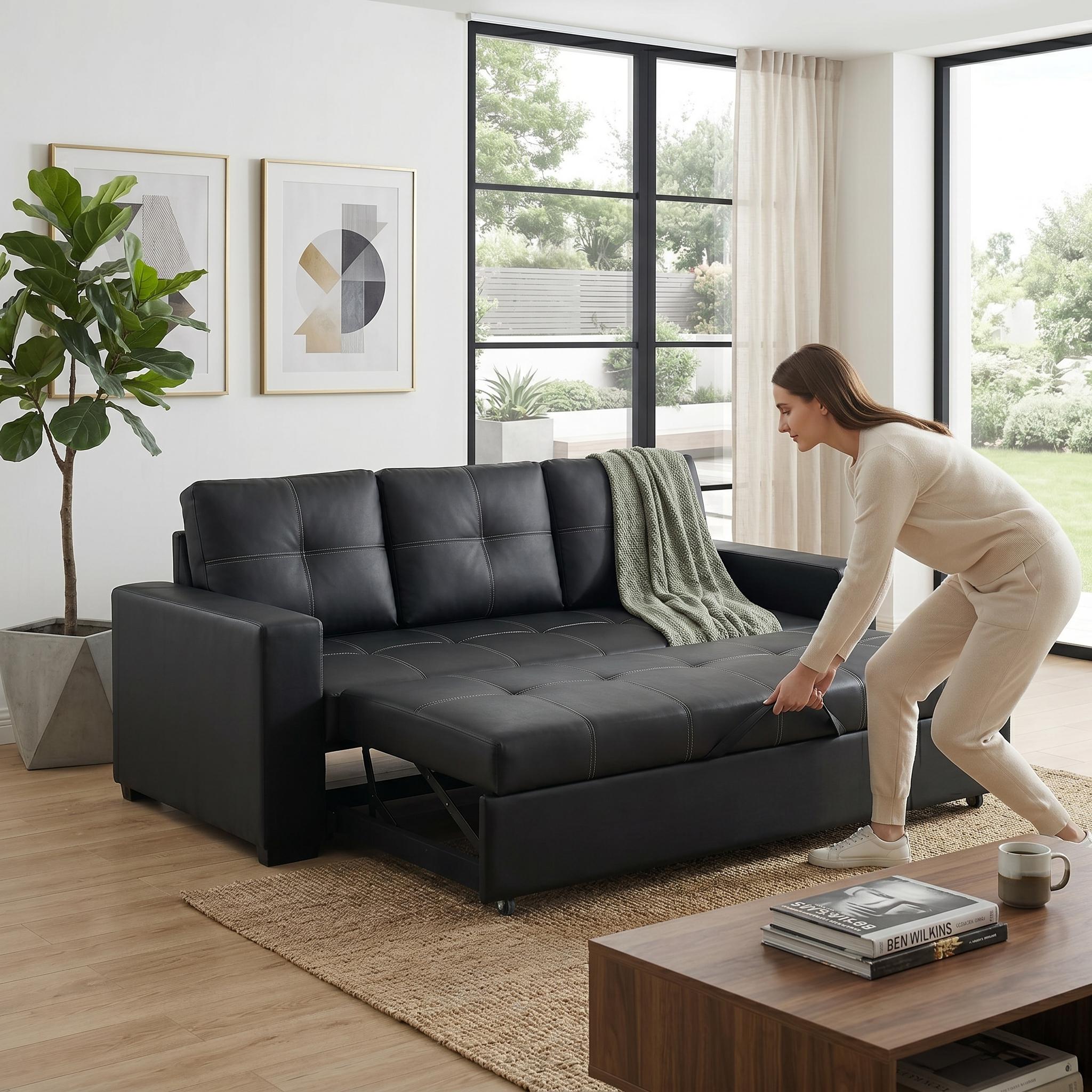 Dalton 85" Leather Look Pull-Out Sleeper Sofa with Tufted Cushions and Pocket Coil Support