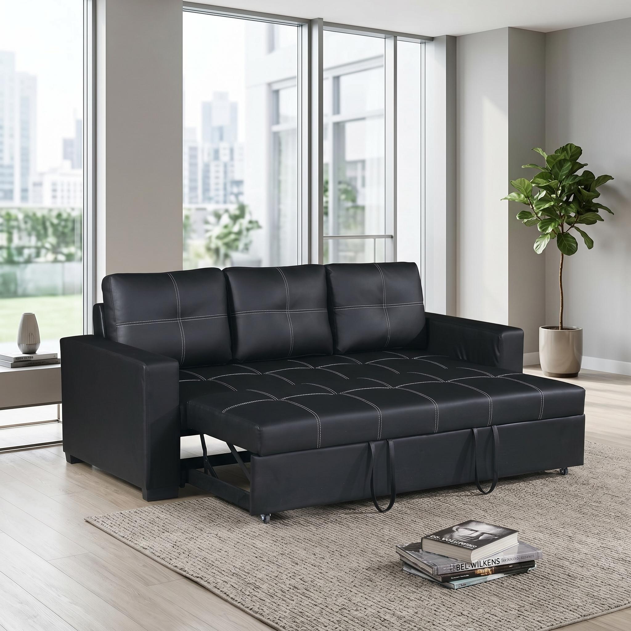 Dalton 85" Leather Look Pull-Out Sleeper Sofa with Tufted Cushions and Pocket Coil Support