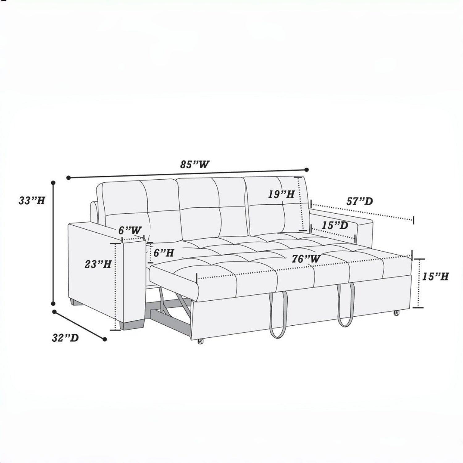 Dalton 85" Leather Look Pull-Out Sleeper Sofa with Tufted Cushions and Pocket Coil Support