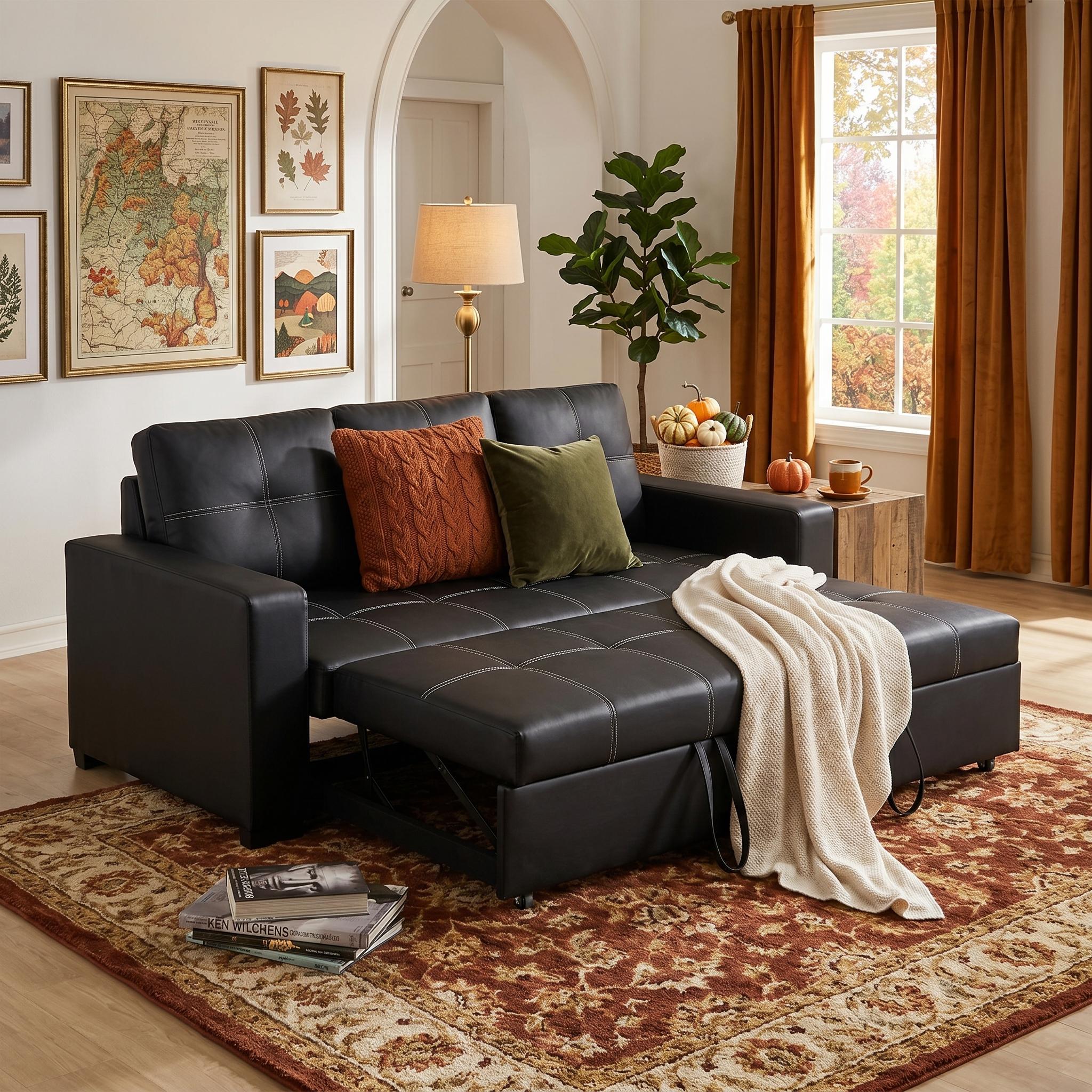 Dalton 85" Leather Look Pull-Out Sleeper Sofa with Tufted Cushions and Pocket Coil Support