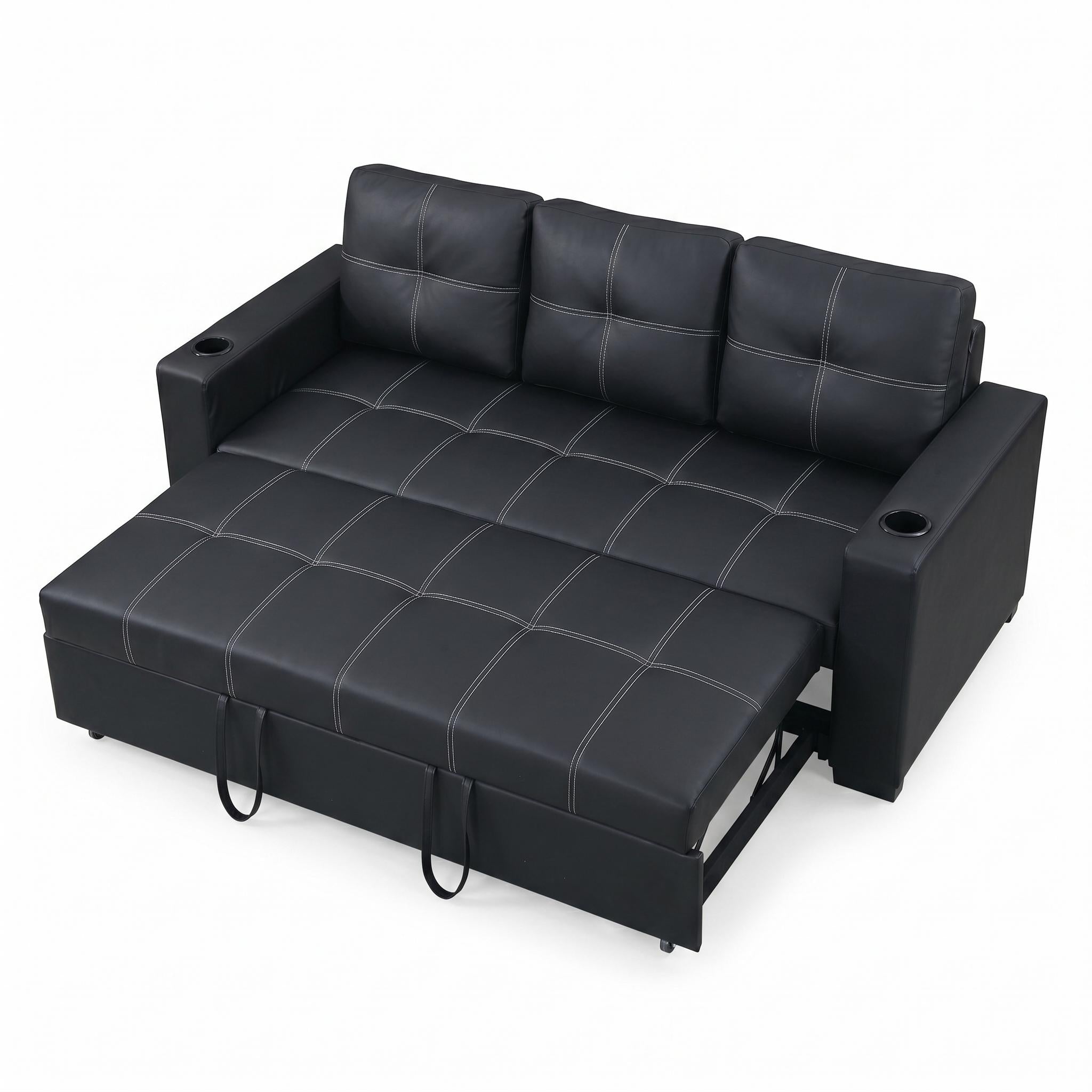 Dalton 85" Leather Look Pull-Out Sleeper Sofa with Tufted Cushions and Pocket Coil Support