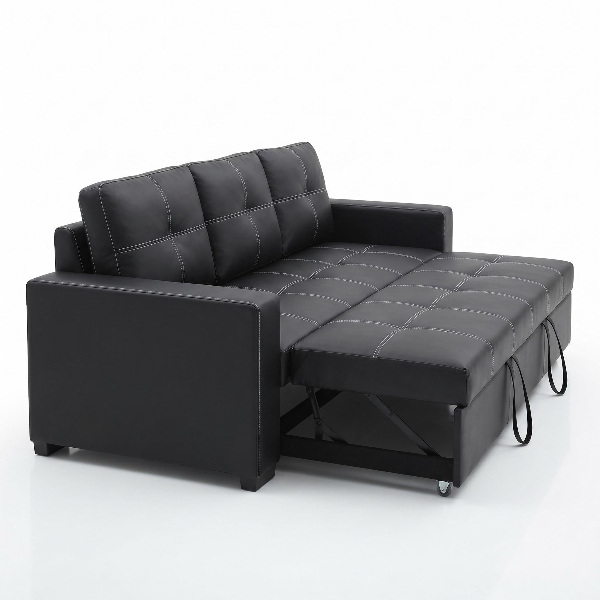 Dalton 85" Leather Look Pull-Out Sleeper Sofa with Tufted Cushions and Pocket Coil Support