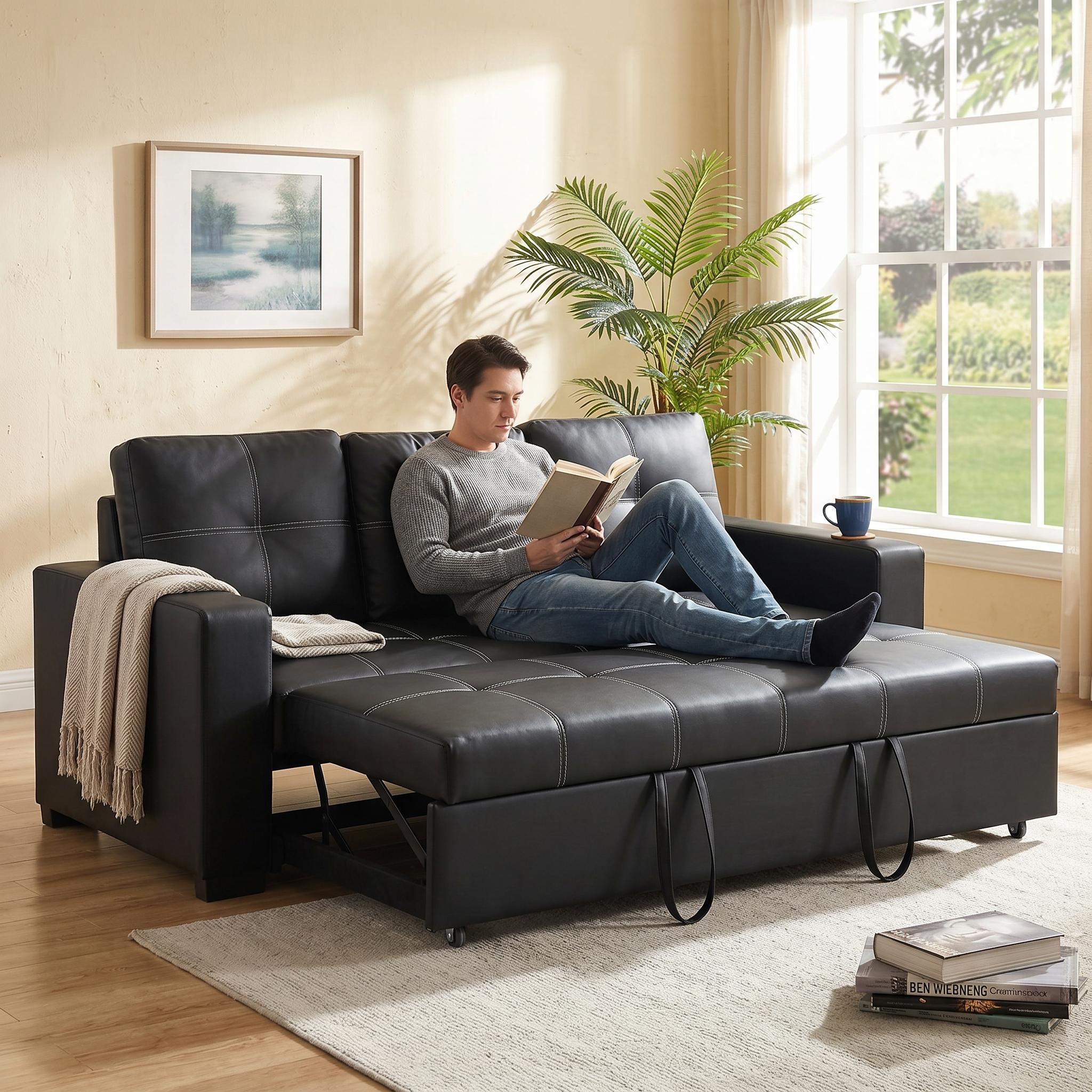 Dalton 85" Leather Look Pull-Out Sleeper Sofa with Tufted Cushions and Pocket Coil Support