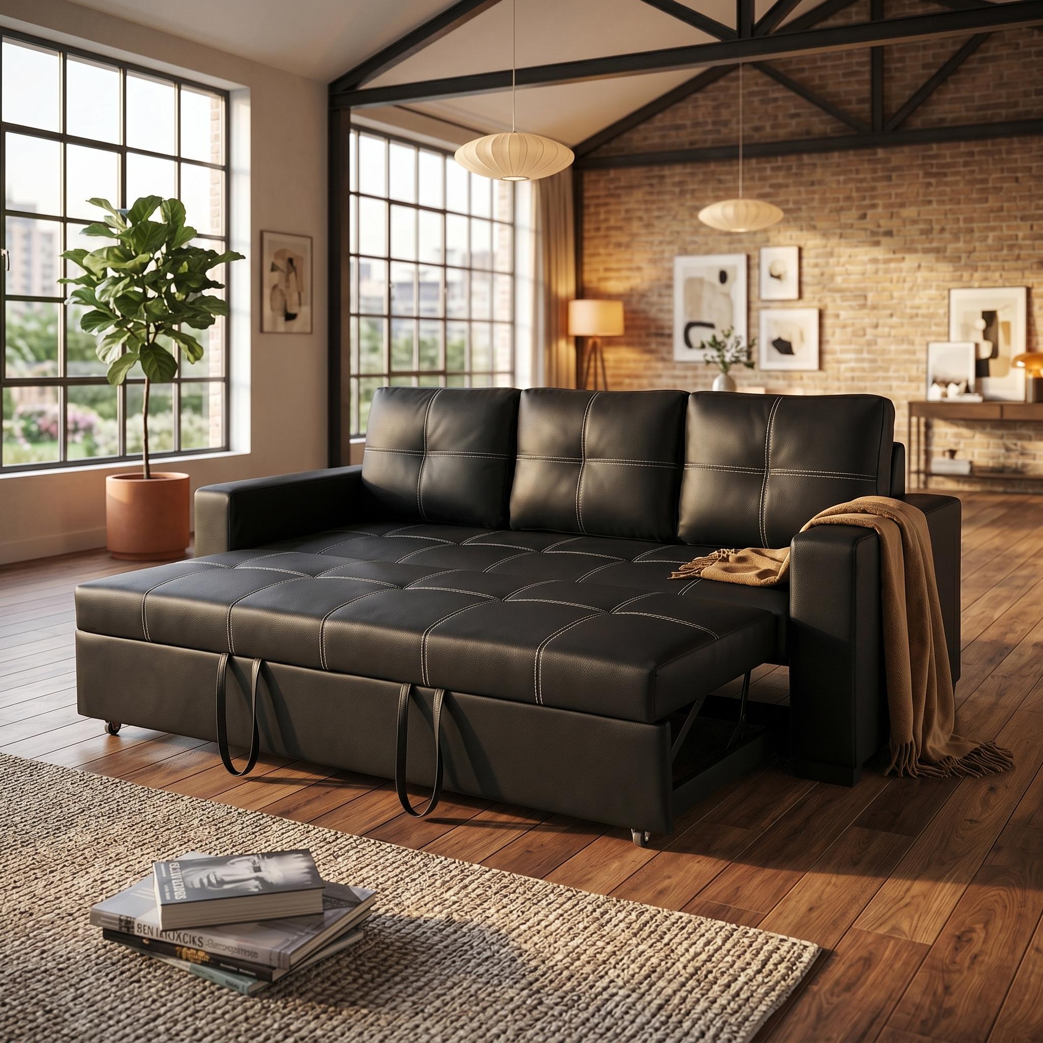 Dalton 85" Leather Look Pull-Out Sleeper Sofa with Tufted Cushions and Pocket Coil Support