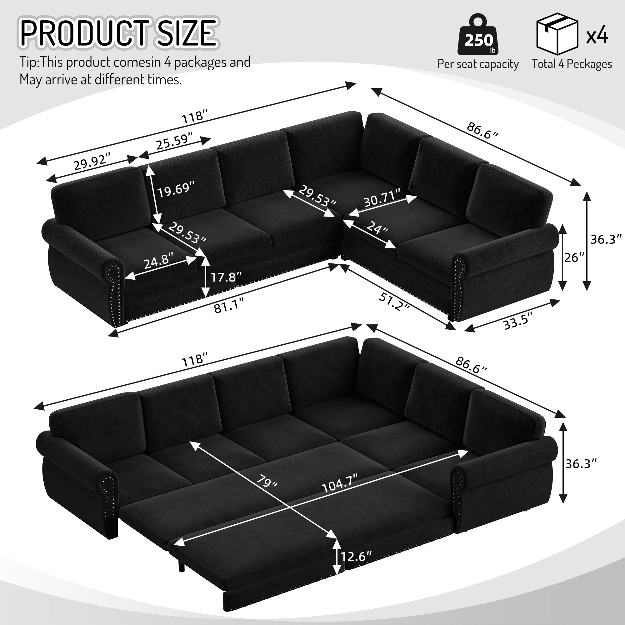 Buffalo 118" Chenille L-Shaped Sectional Sleeper Sofa
