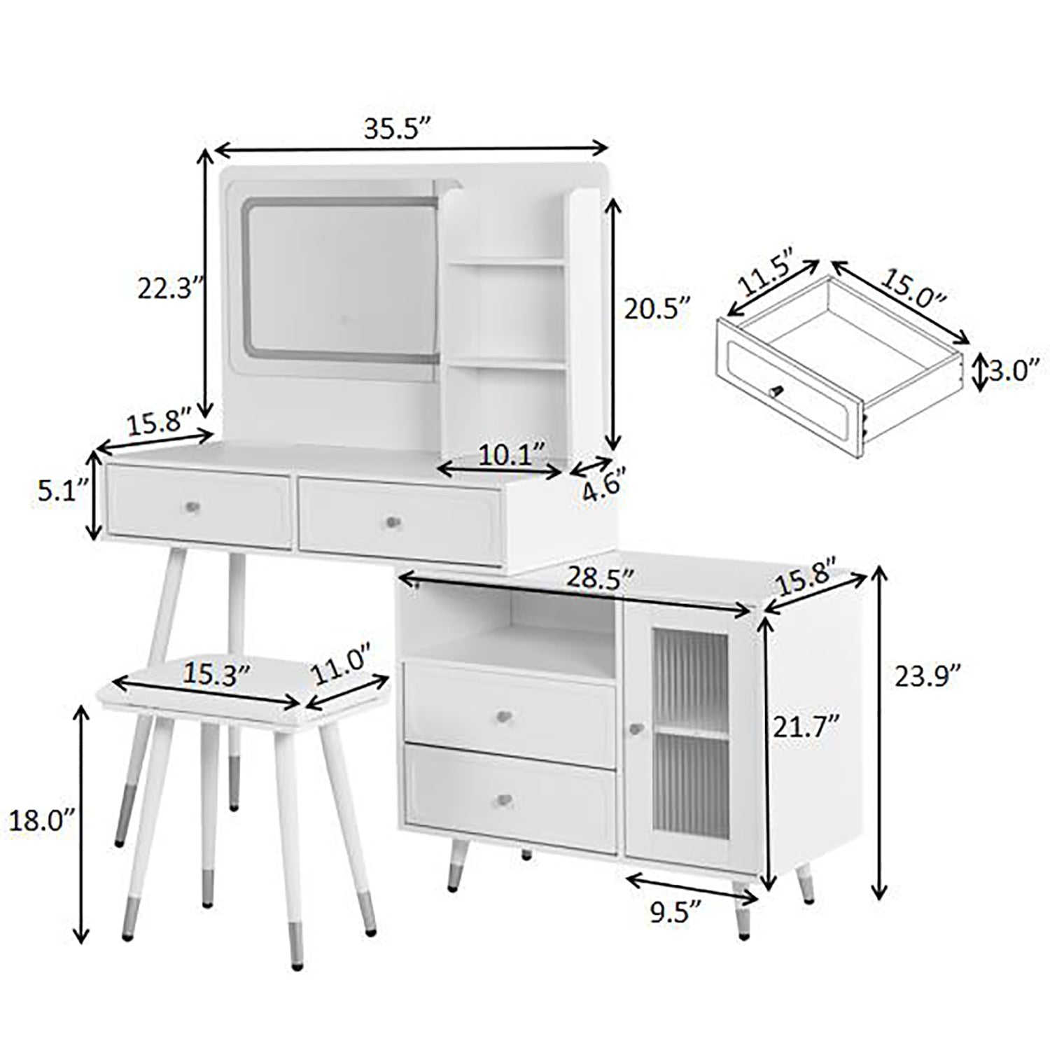 Voss Modern Vanity Desk Set with Lighted Mirror and Drawer Cabinet