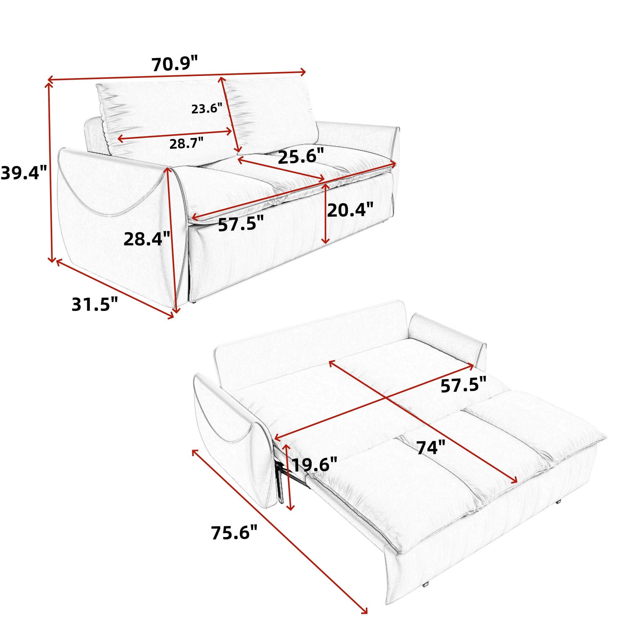 Tempe 71" Velvet Loveseat Sleeper Sofa Bed with Zippered Pillow Pads