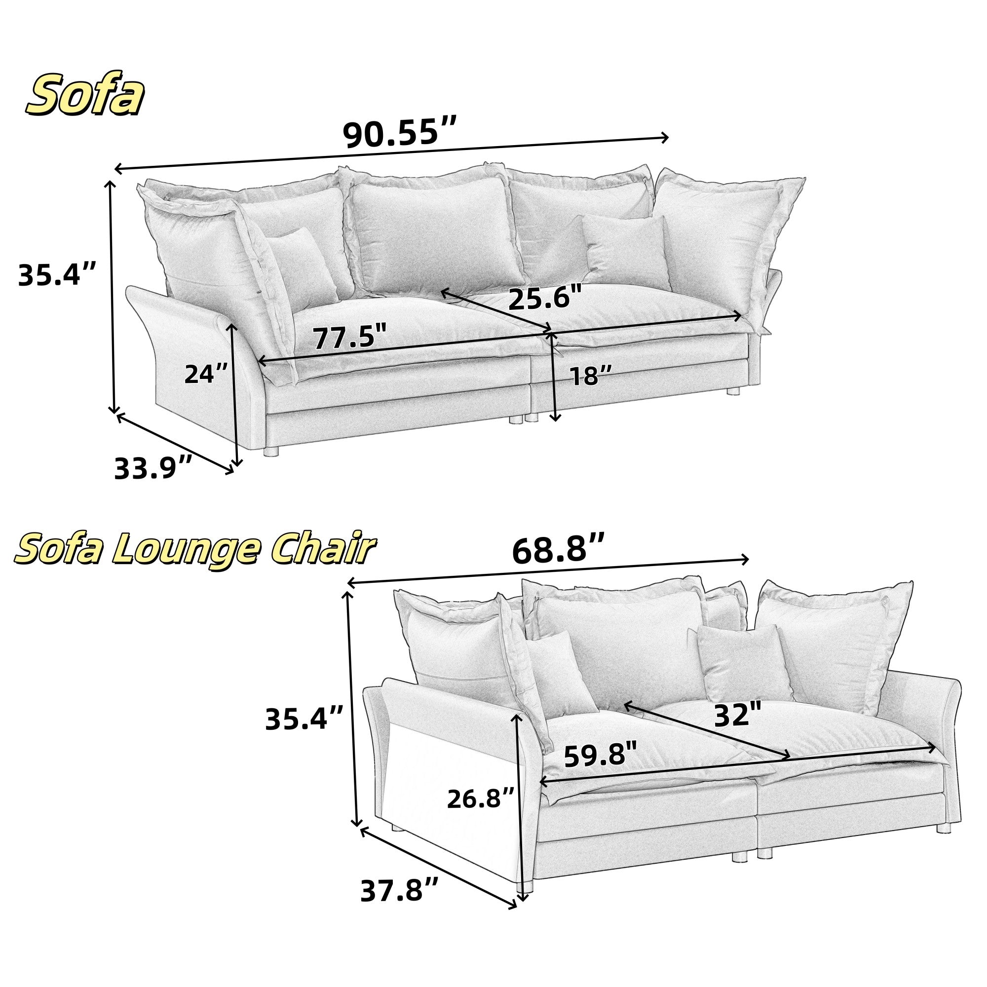 Elina 90.55" Modern Deep Seat Cloud Sofa Couch with Oversized Pillows