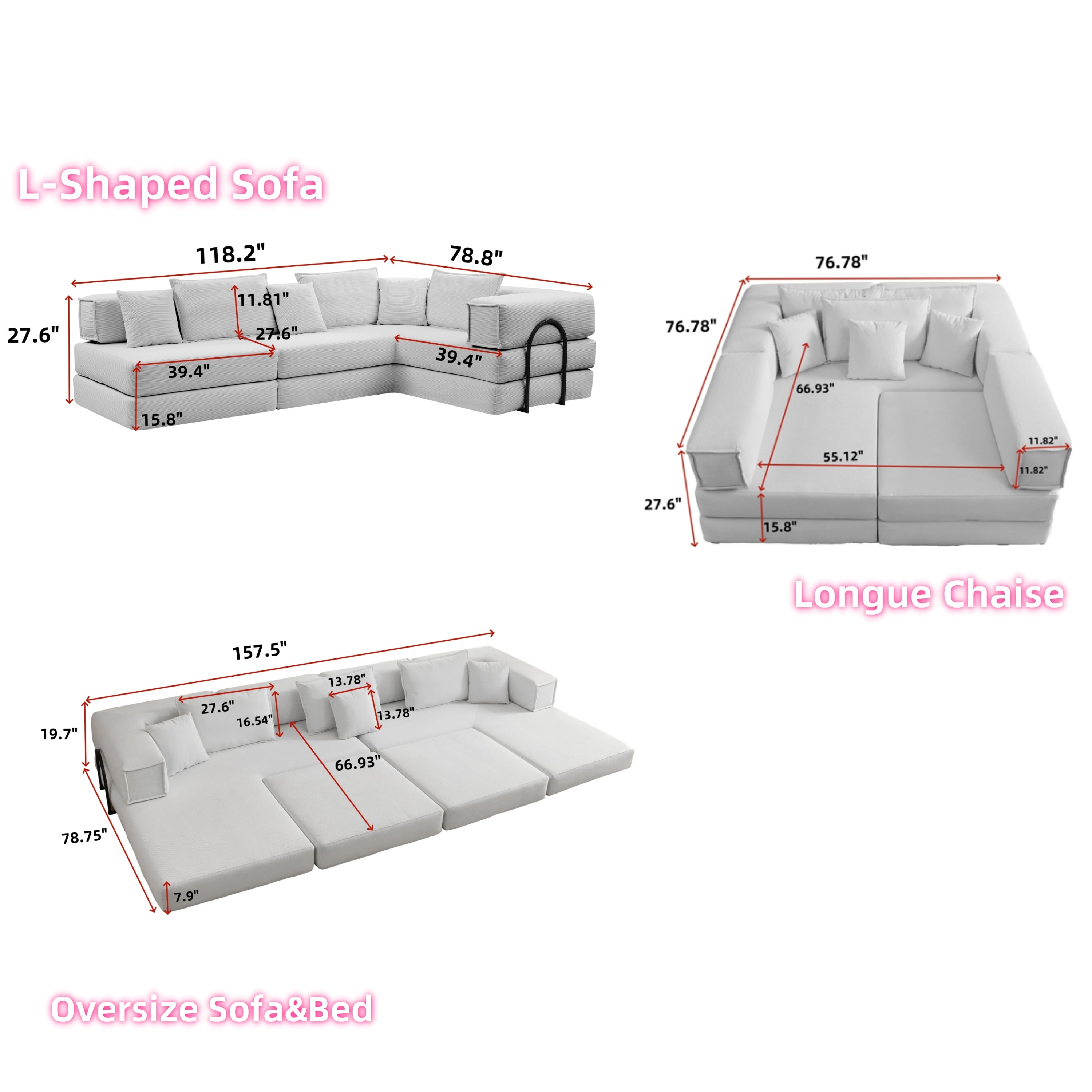 Abilene 118" Corduroy Convertible Modular L-Shaped Sectional Sofa with 6 Pillows