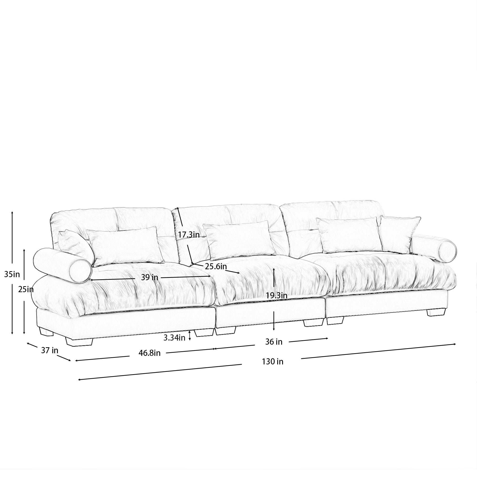 Napa 130" Modular Velvet Upholstered Oversized 3-Seater Sofa Couch