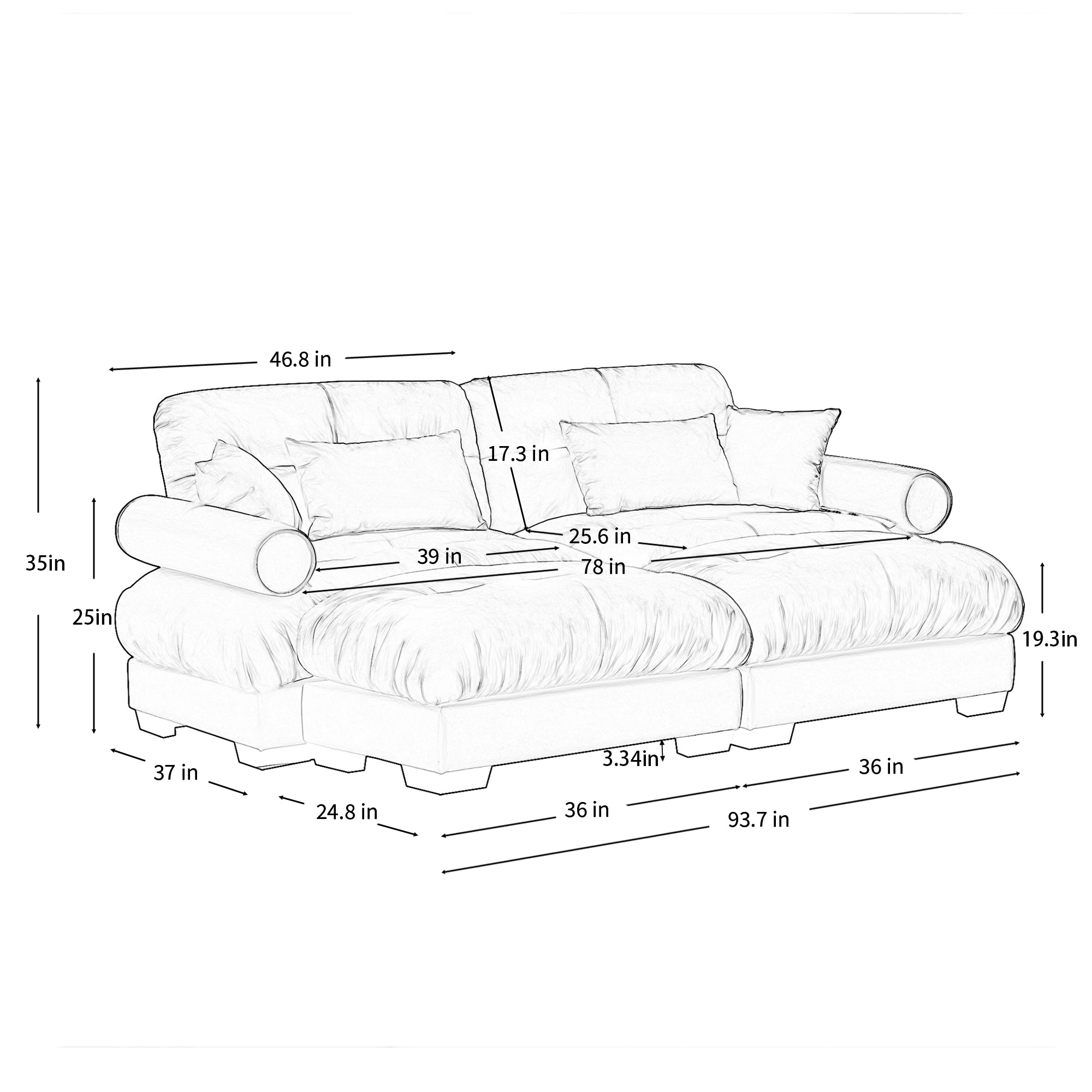 Napa 94” Modular Velvet Upholstered 2-Seater Sofa with Two Ottomans and Bolstered Armrests