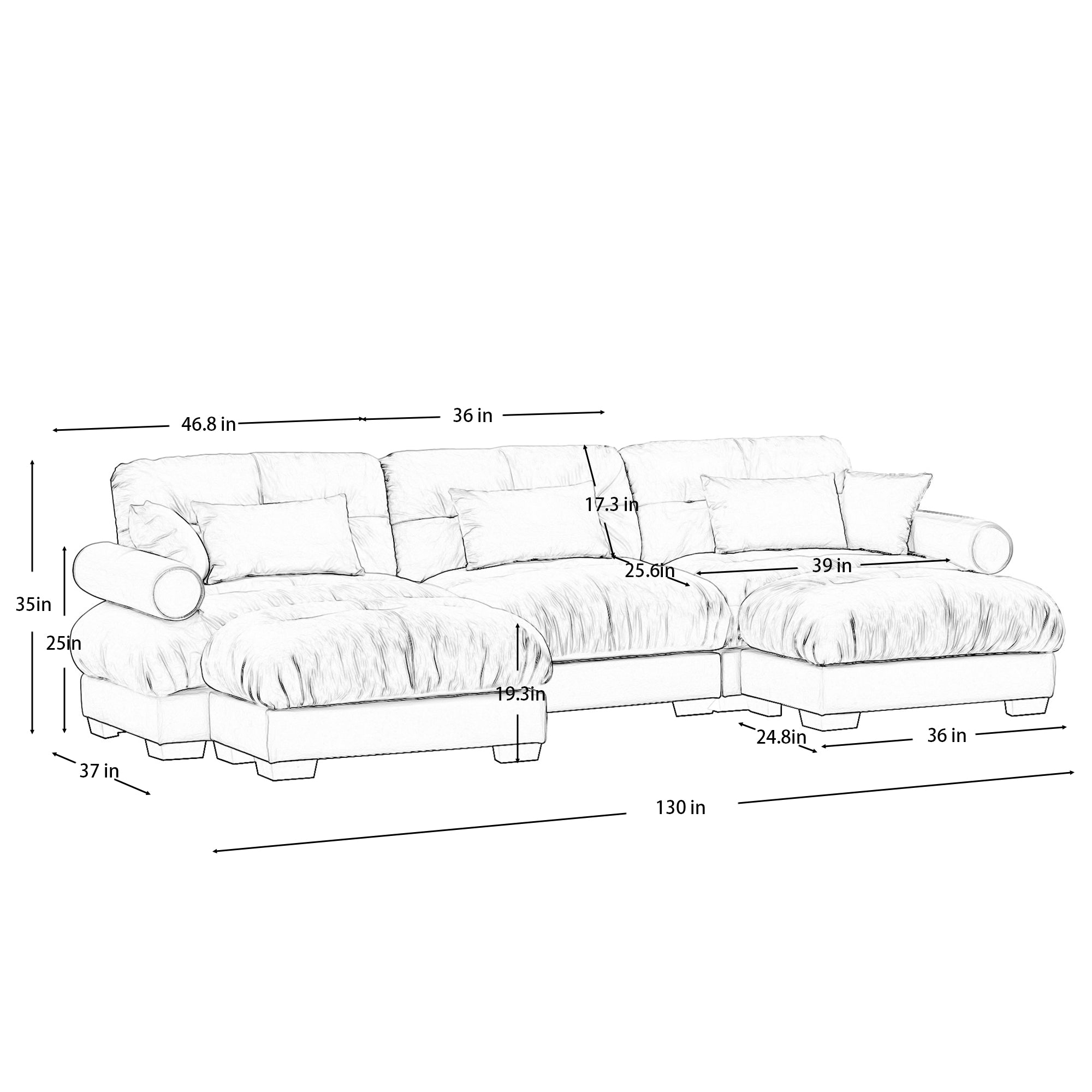 Napa 130" Modular Velvet Upholstered U-Shaped Sectional Sofa with Bolstered Armrests