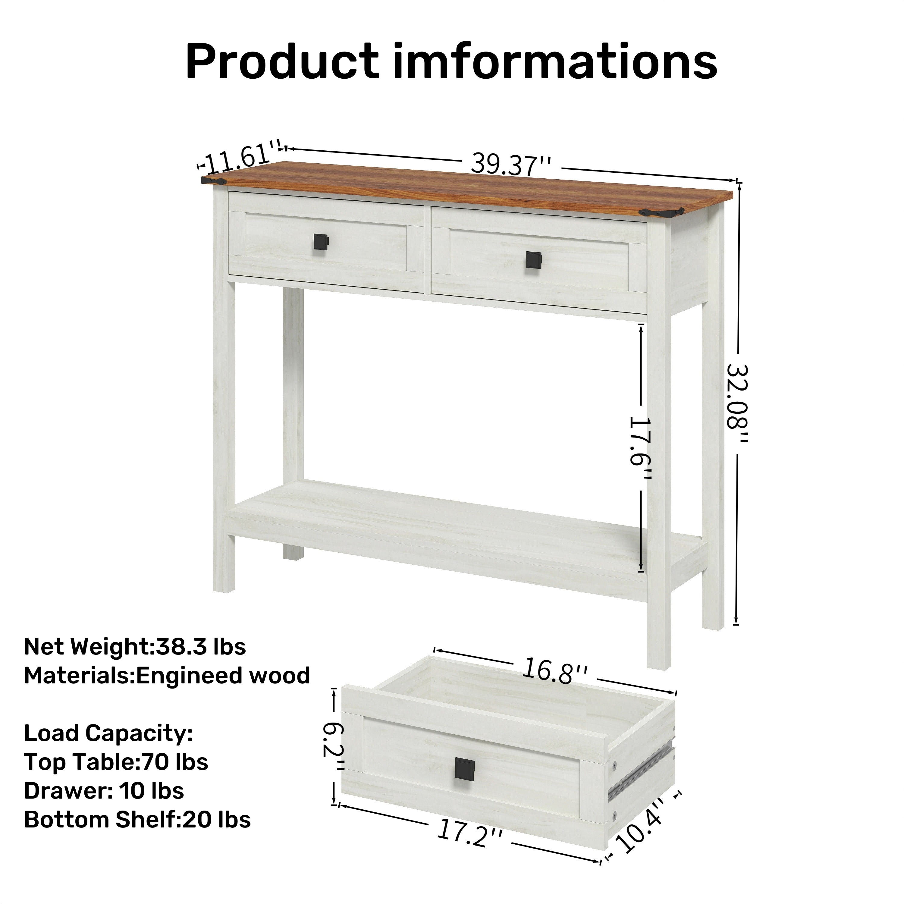 Elmwood Rustic Console Table with 2 Draw