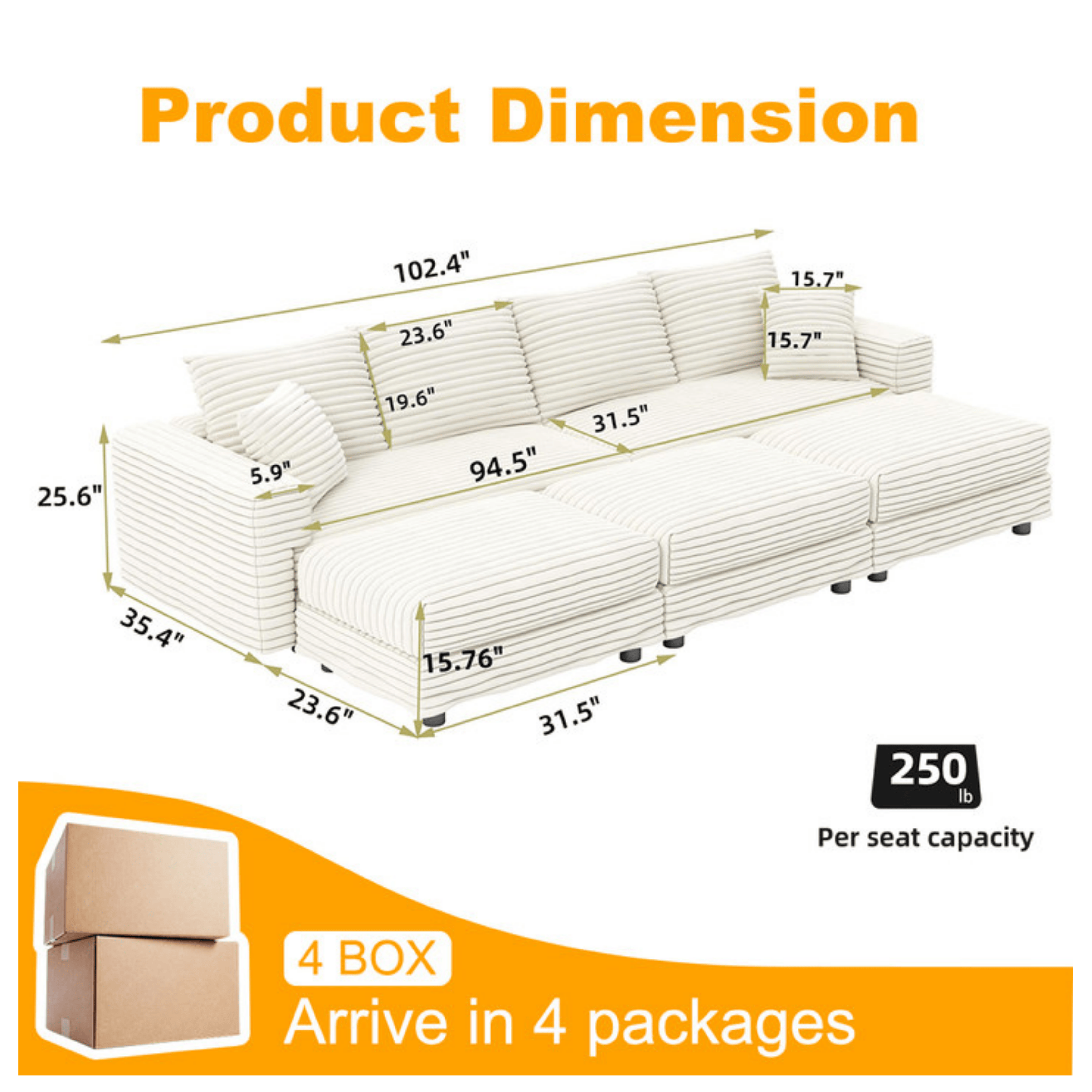 Norwalk 102" Modular Plush Corduroy Sectional Sofa with 3 Movable Ottomans