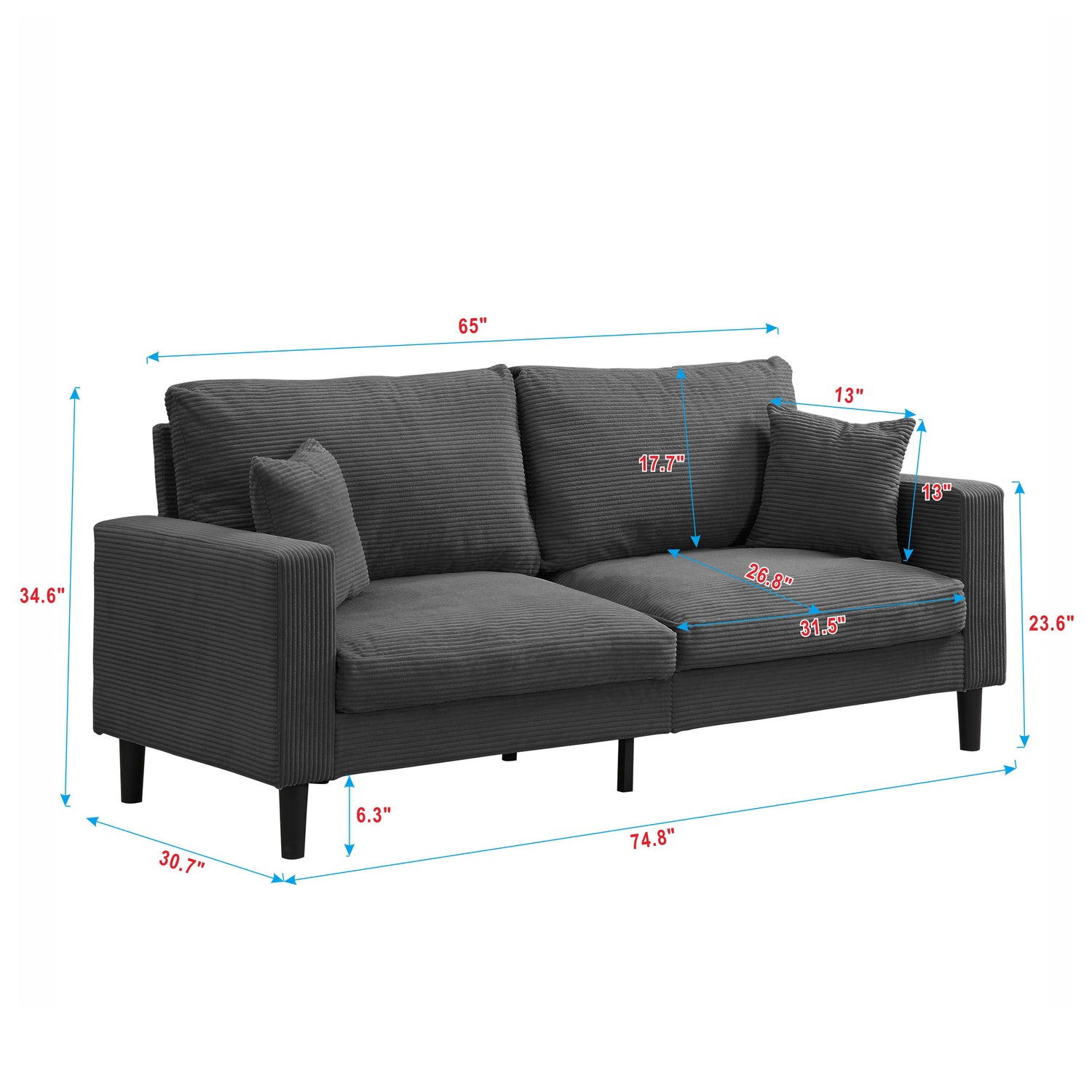 Canyon Modern Chenille Upholstered 3-Seater Sofa, Dark Gray