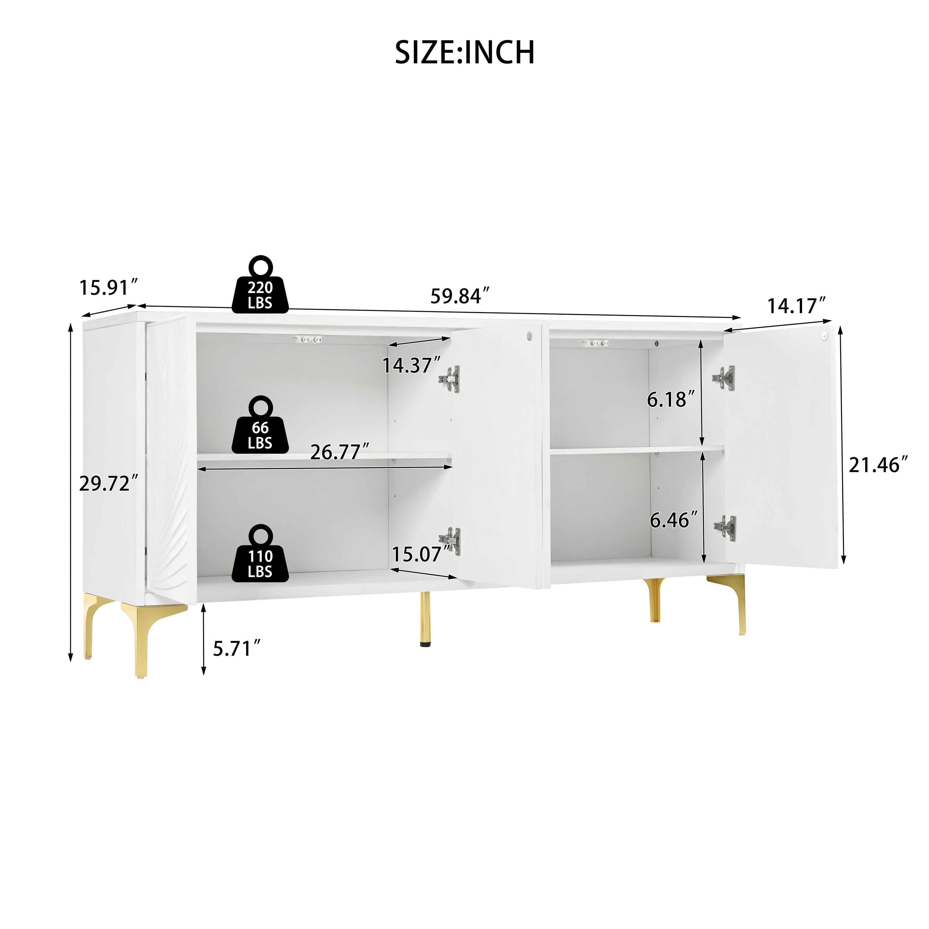 Prague Carved 4 Door Sideboard Buffet Cabinet, White