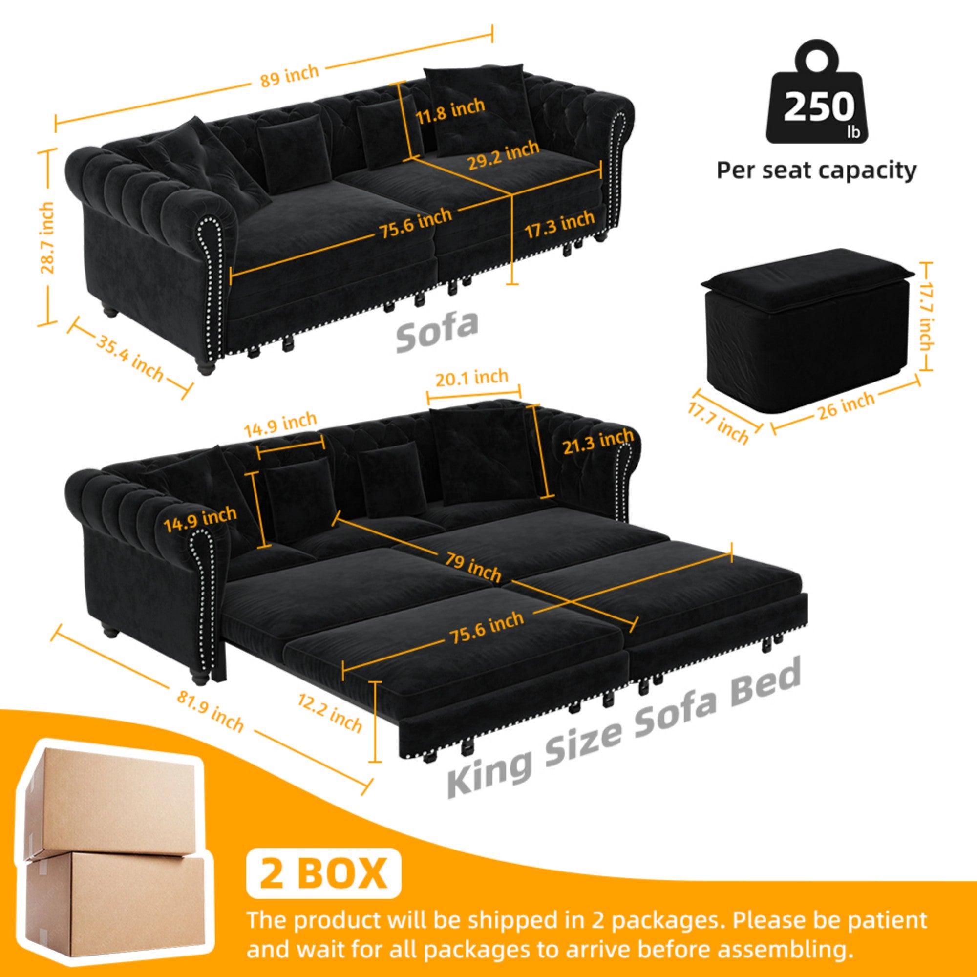 Billings 89" Velvet Chesterfield Pull-Out Sleeper Sofa Bed with Movable Ottoman