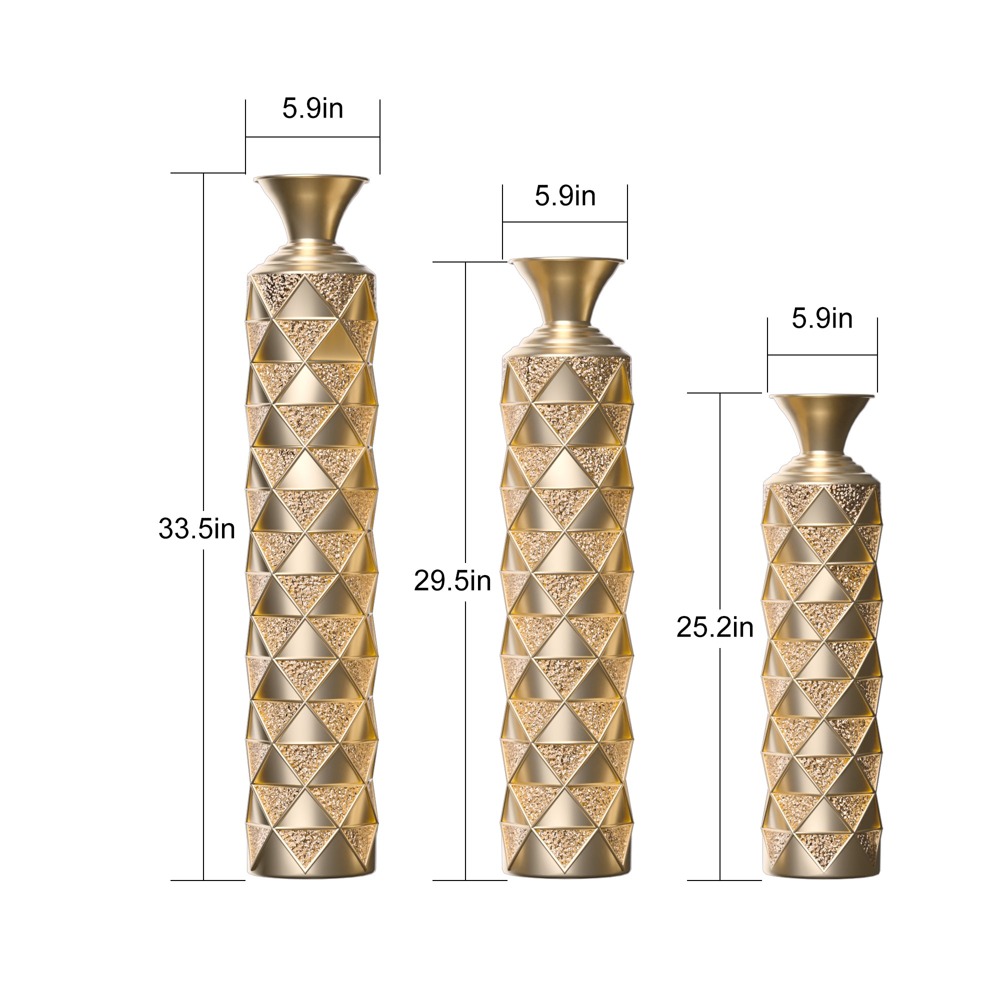 Orion Decorative Metal Vase Set of 3 with 3D Triangle Pattern