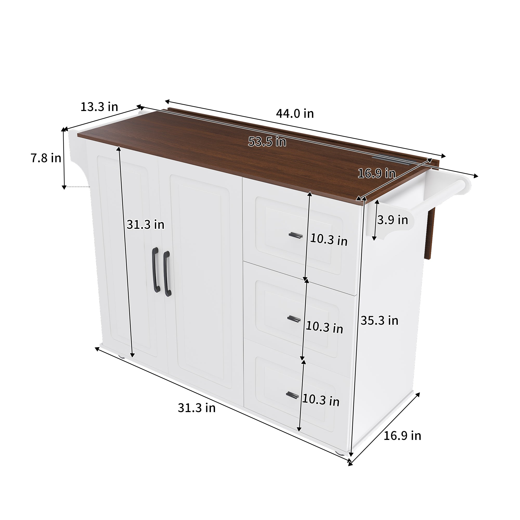 White Kitchen Island Cart with Foldable Tabletop & Drop Leaf - Mobile Breakfast Bar