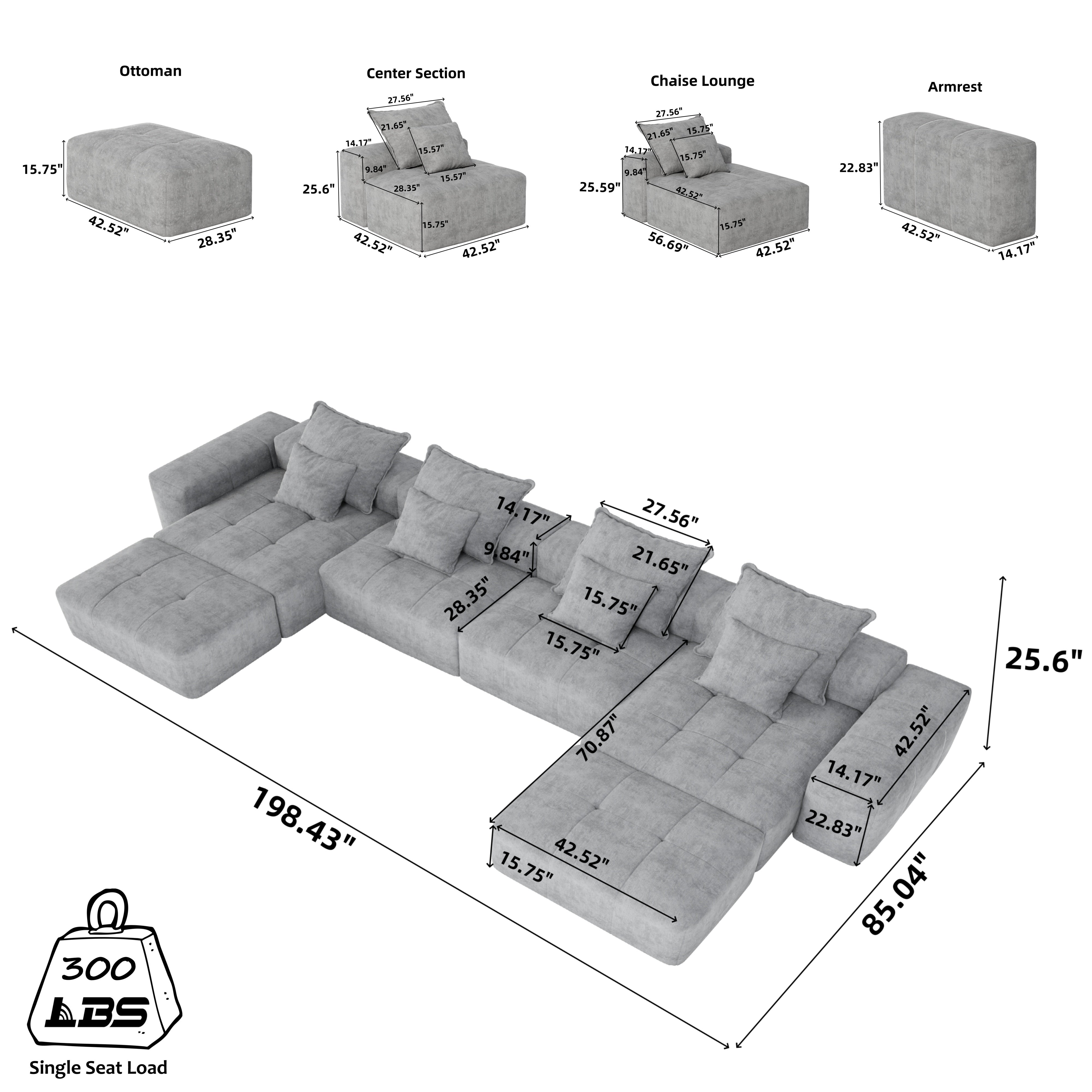 Denver 198" Oversized Chenille Tufted Modular Sectional Sofa with 8 Pillows
