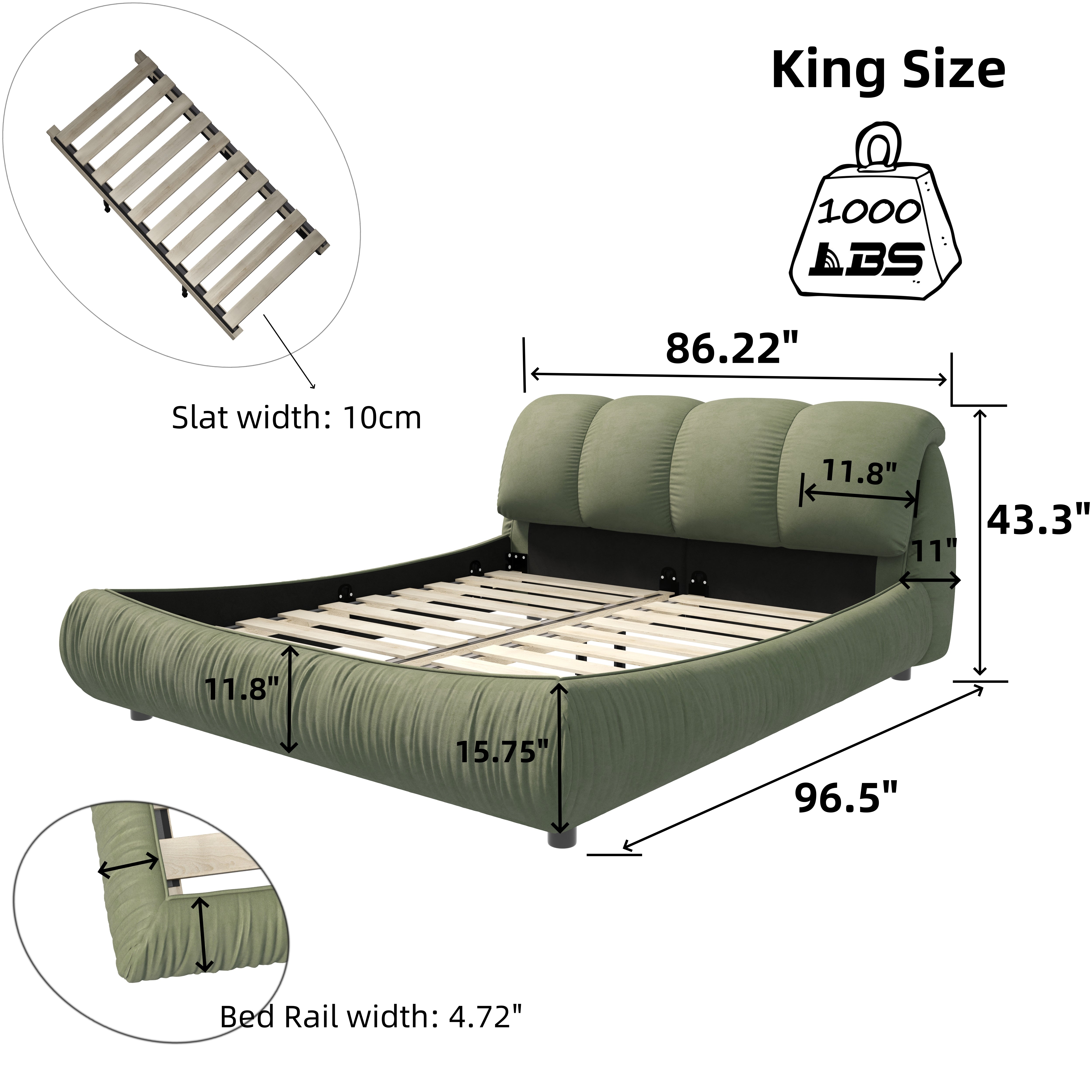 Trosa Luxury King Upholstered Platform Bed with Oversized Cushion Headboard