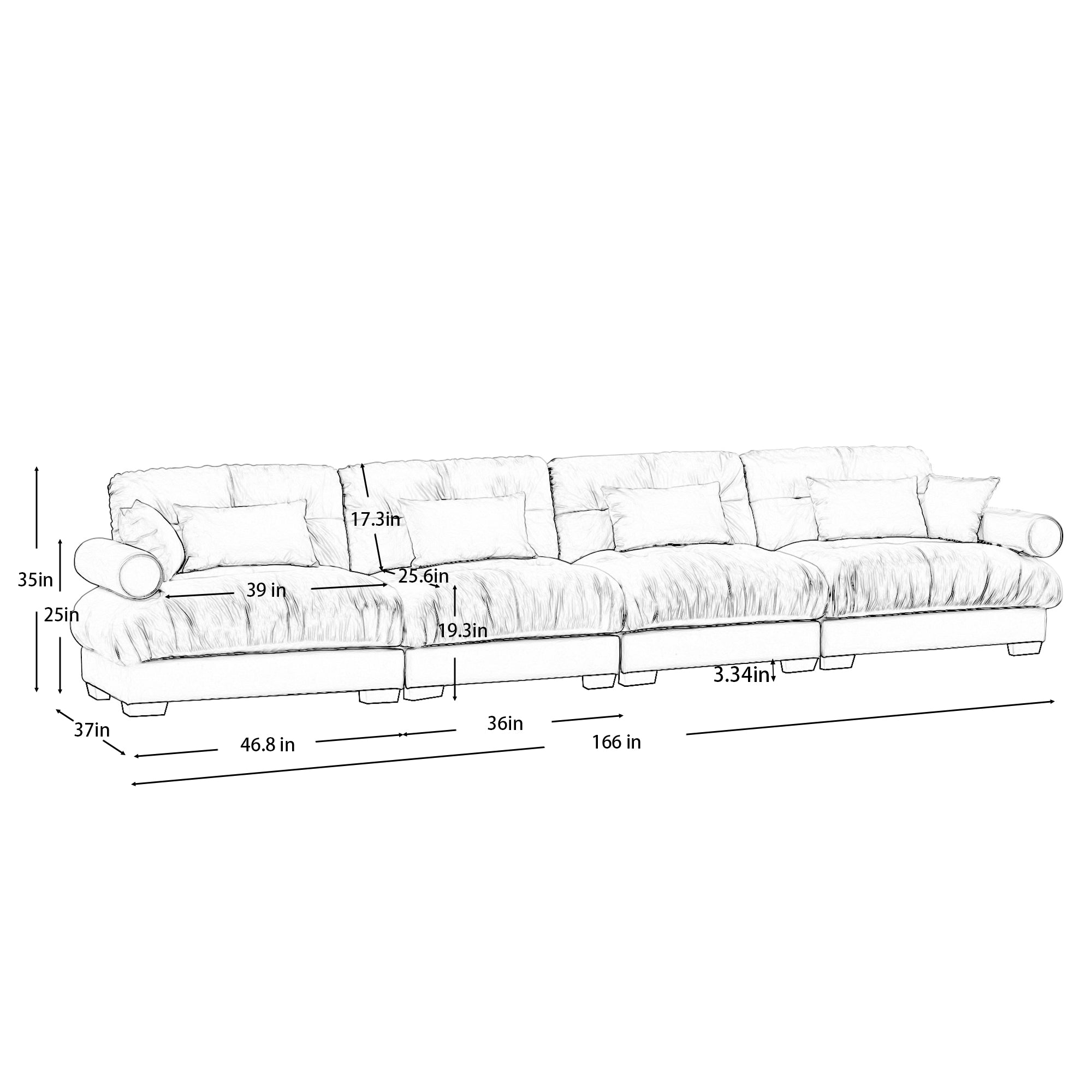 Napa 166” Modular Velvet Upholstered 4-Seater Sofa with Bolstered Armrests