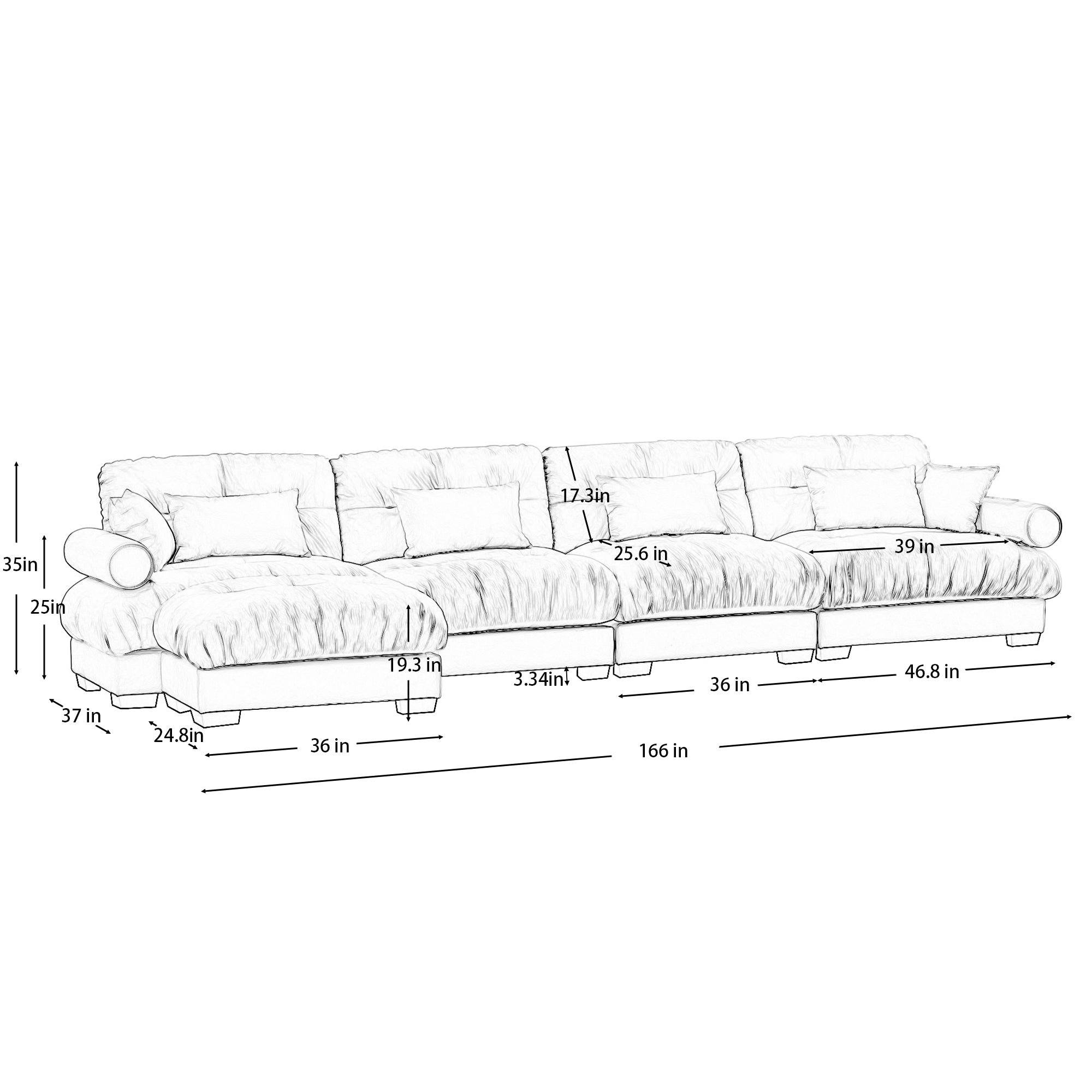 Napa 166" Modular Velvet Upholstered L-Shaped Sectional Sofa with ottoman and Bolstered Armrests