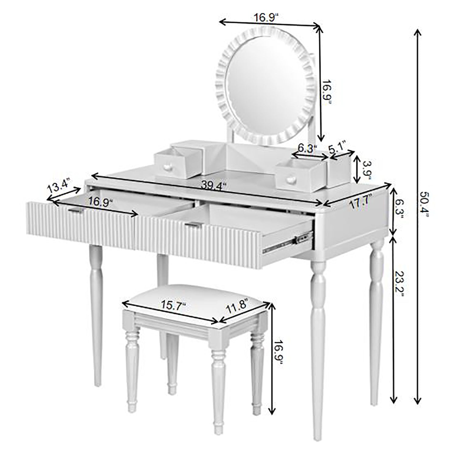Vika 39" Fluted Vanity Desk Set with Round Mirror and Drawers
