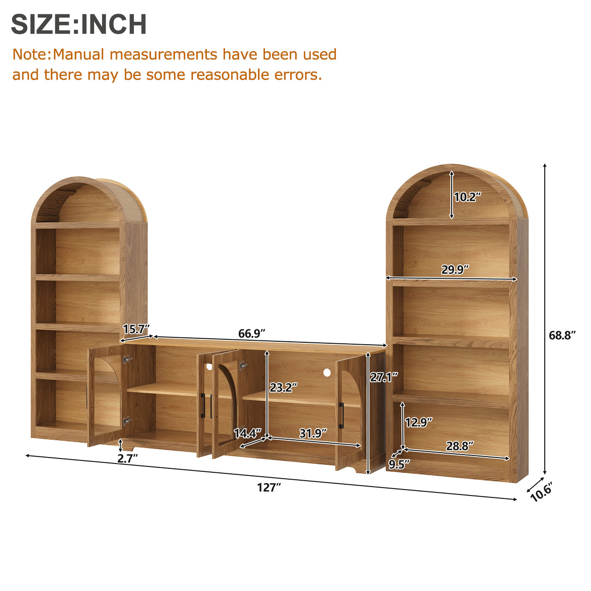 Spoleto 127" 3-Piece TV Stand Set with 2 Arched Bookcases