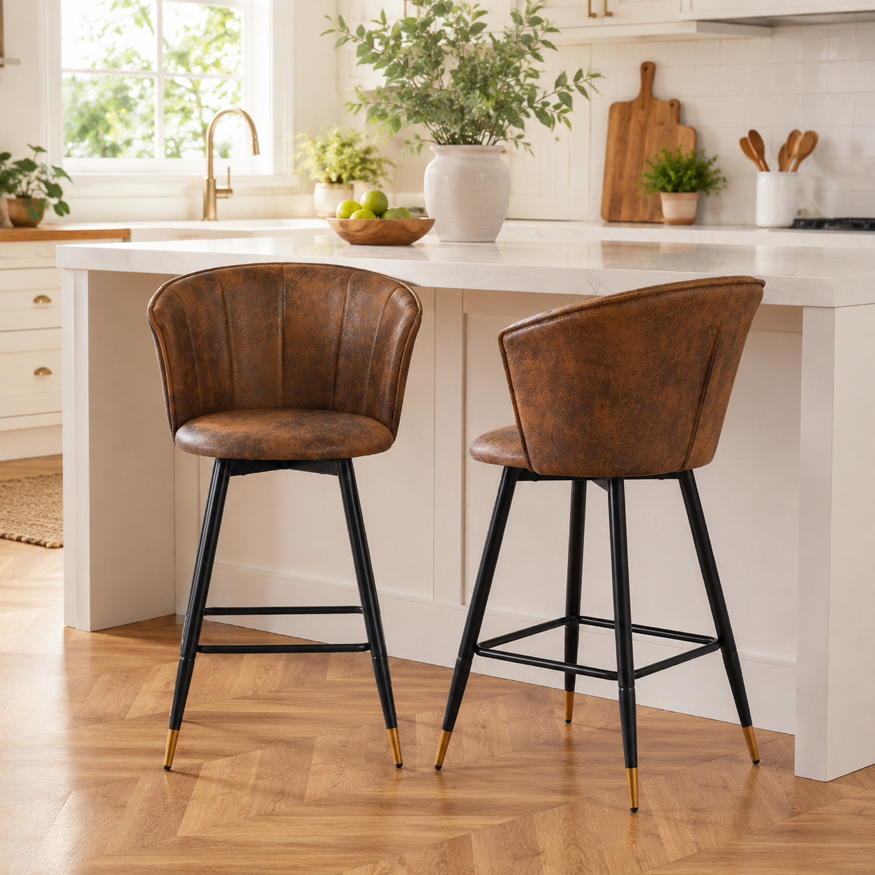 Doncic 26" Antique Suede Counter Height Bar Stool Set of 2 with Gold-Tipped Steel Legs