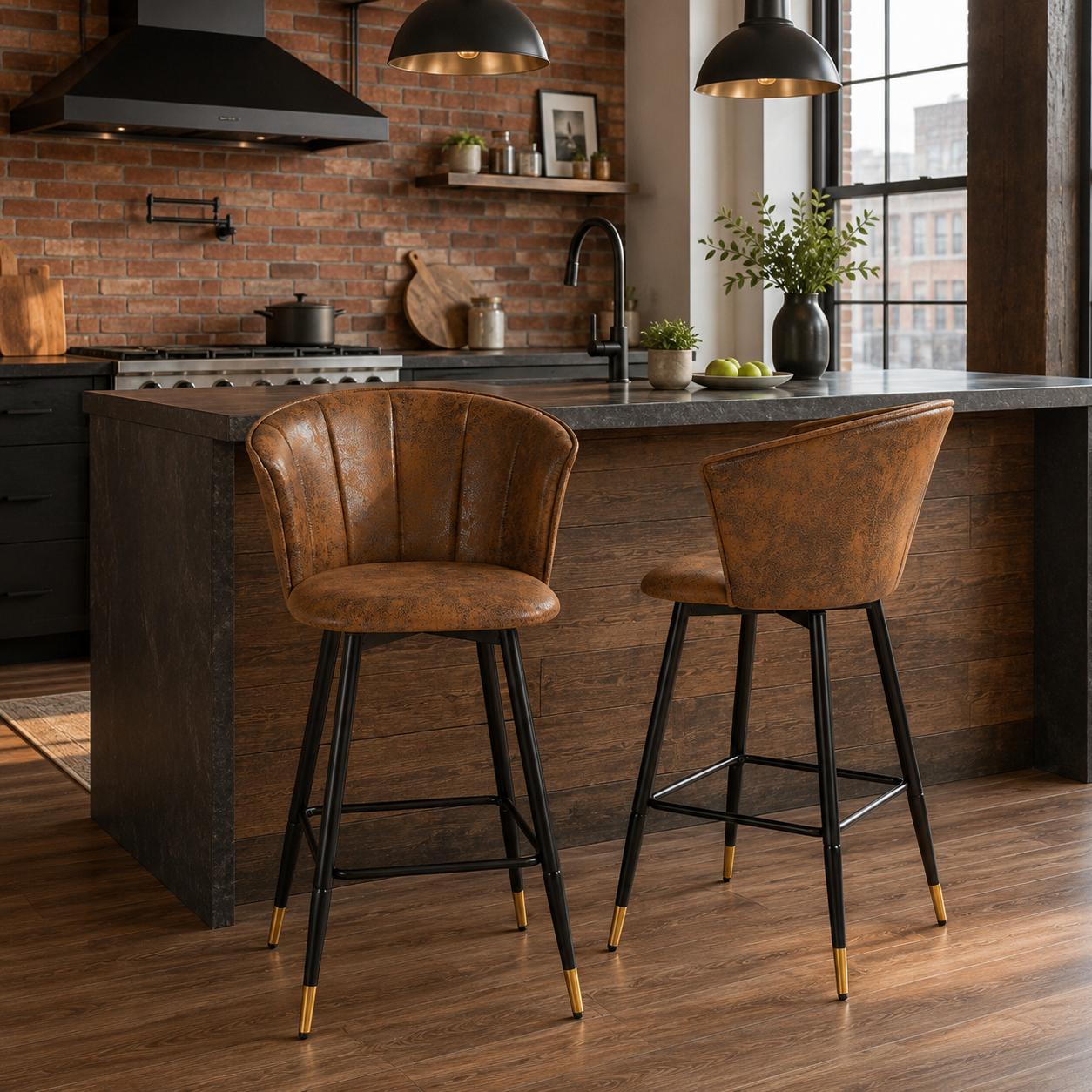 Doncic 26" Antique Suede Counter Height Bar Stool Set of 2 with Gold-Tipped Steel Legs