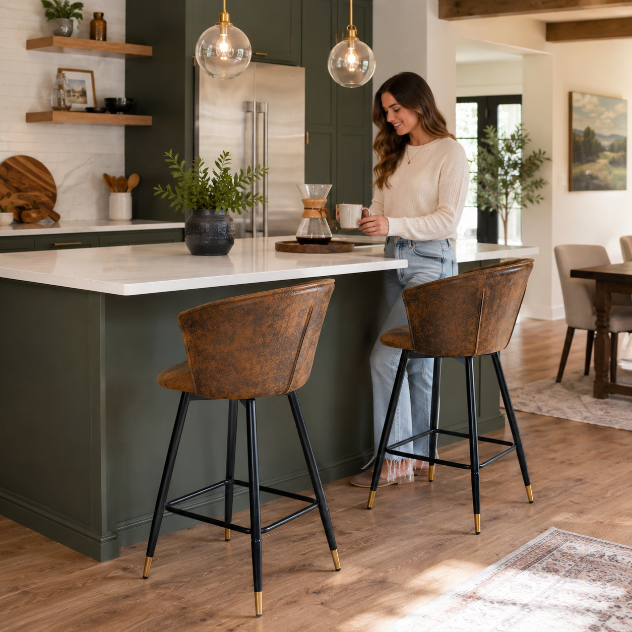 Doncic 26" Antique Suede Counter Height Bar Stool Set of 2 with Gold-Tipped Steel Legs