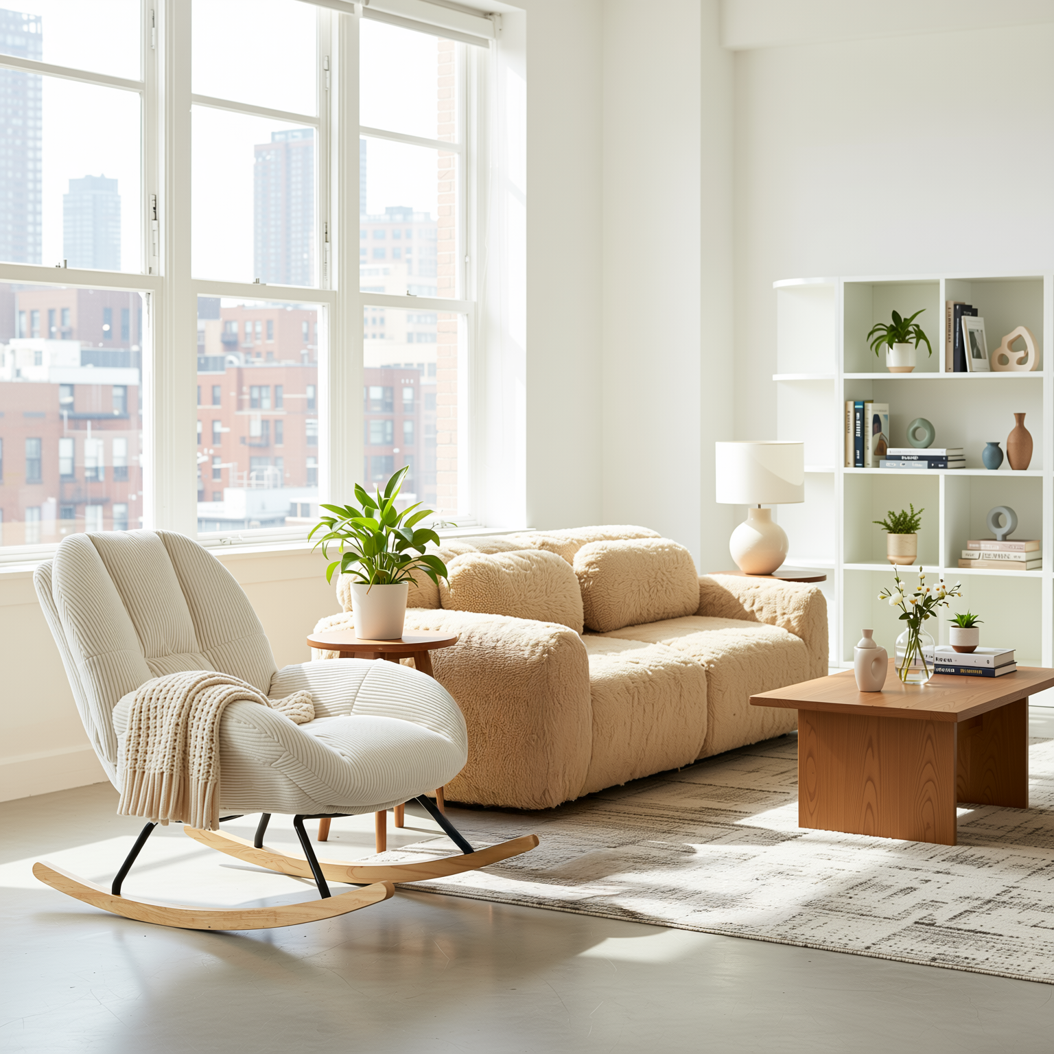 Durham Modular Loveseat Sofa with LITHOPS Beige Rocking Accent Chair Set